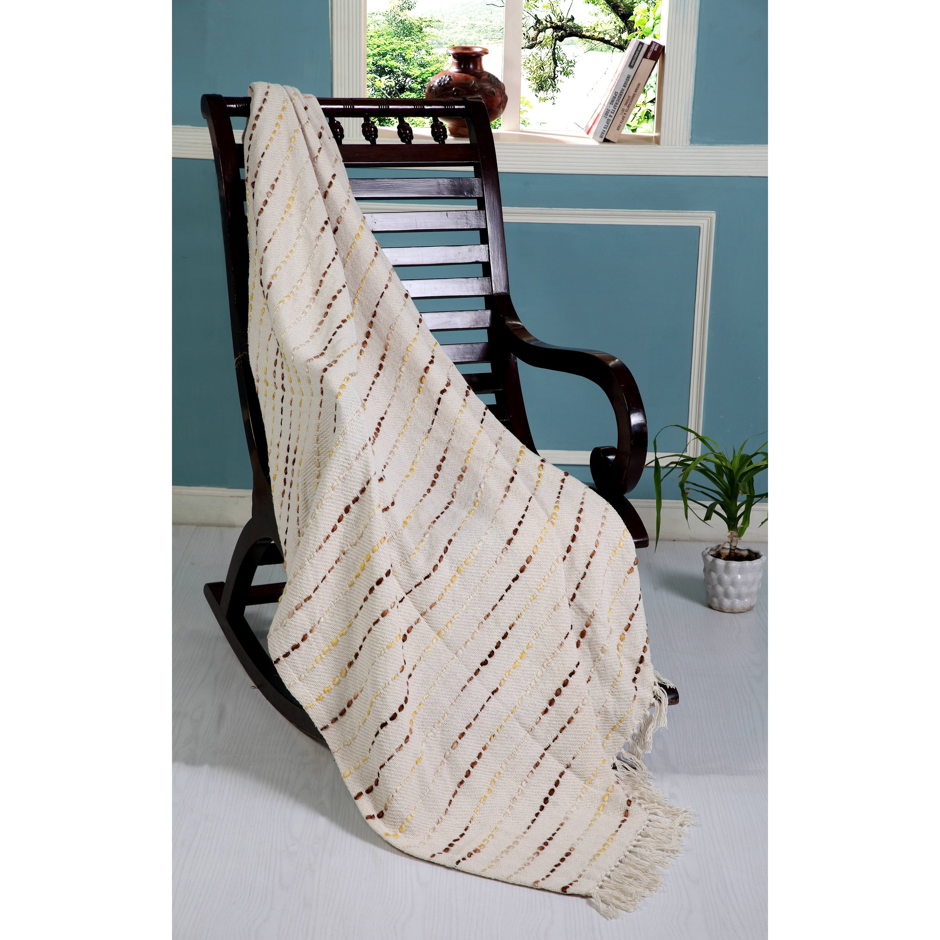 Sevita Hand-Woven Natural Cotton Striped Standard Size Throw Blanket with Fringe