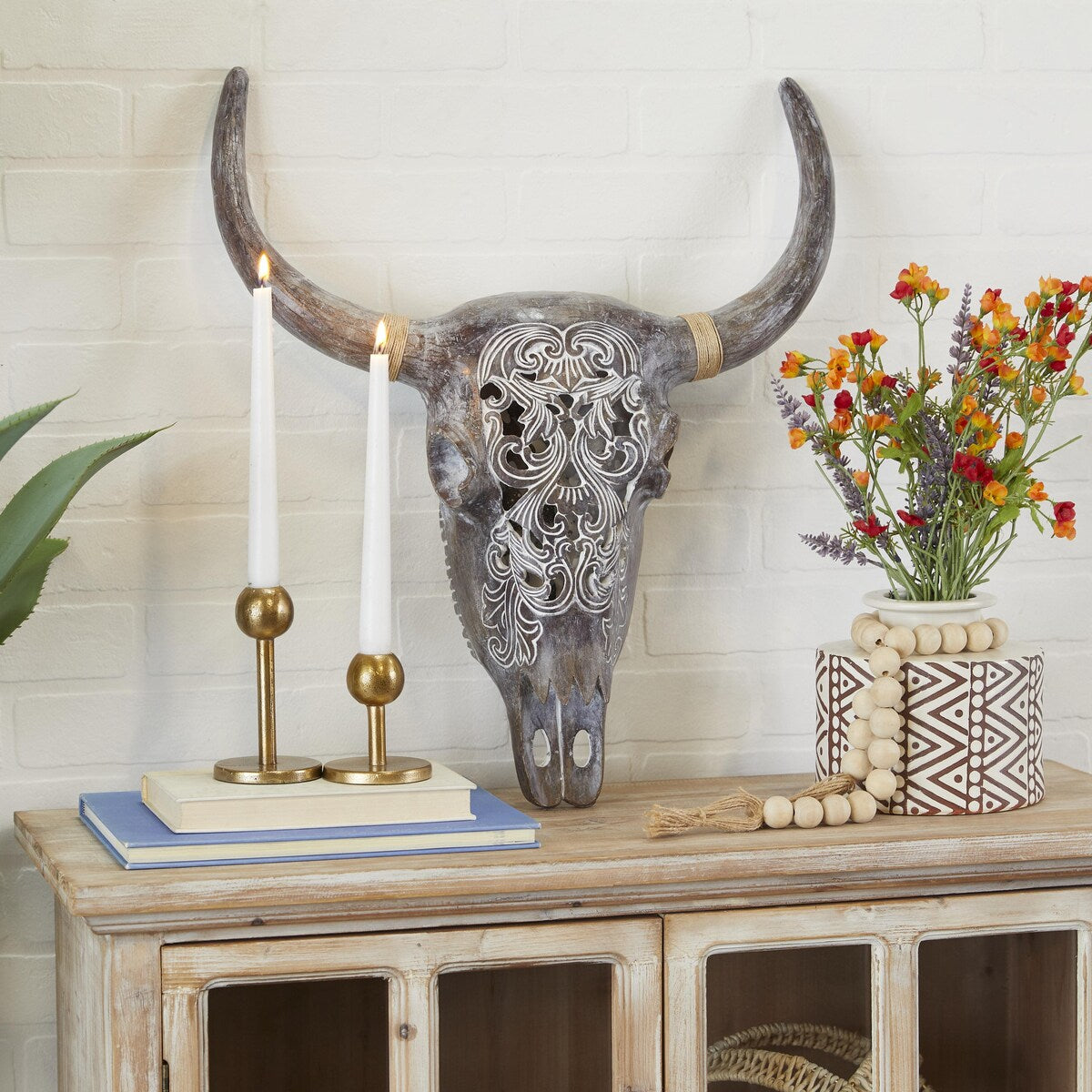 Polystone Bull Skull Home Wall Decor - Gray or Brown - Roche River Decor