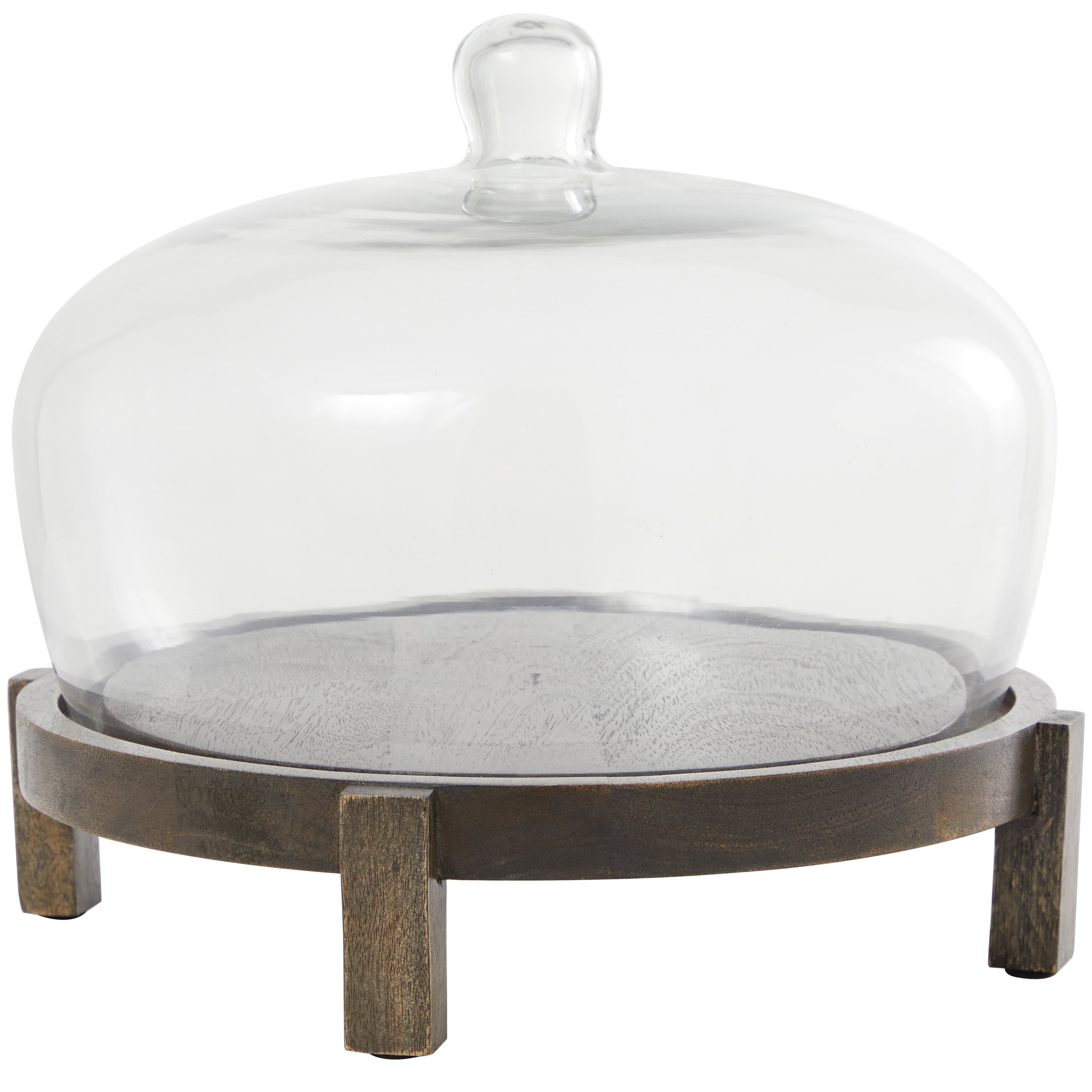 Dark Brown Mango Wood Cake Stand with Glass Cloche