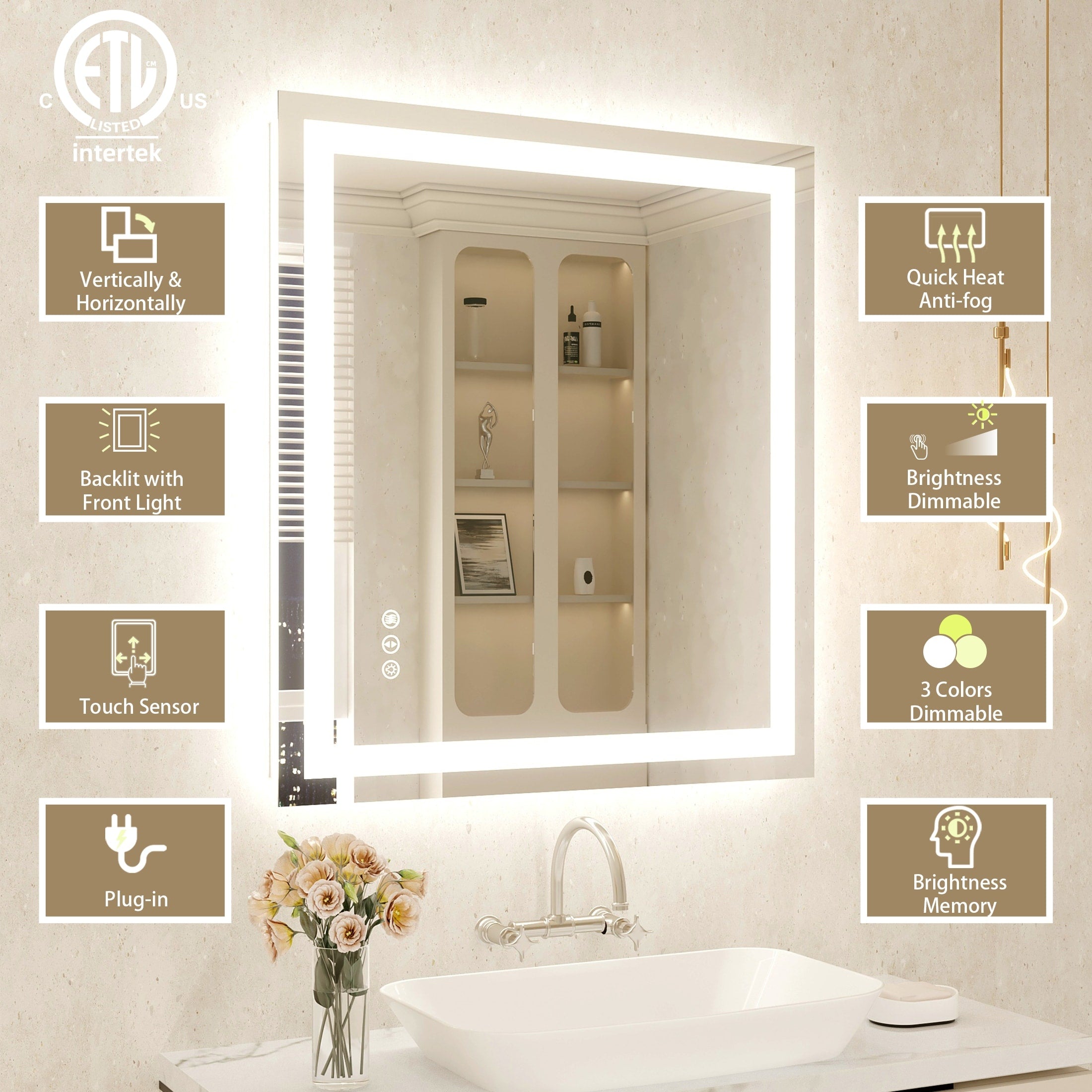 Large Rectangular Frameless Anti-Fog LED Light Wall Mounted Bathroom Vanity Mirror in White - N/A