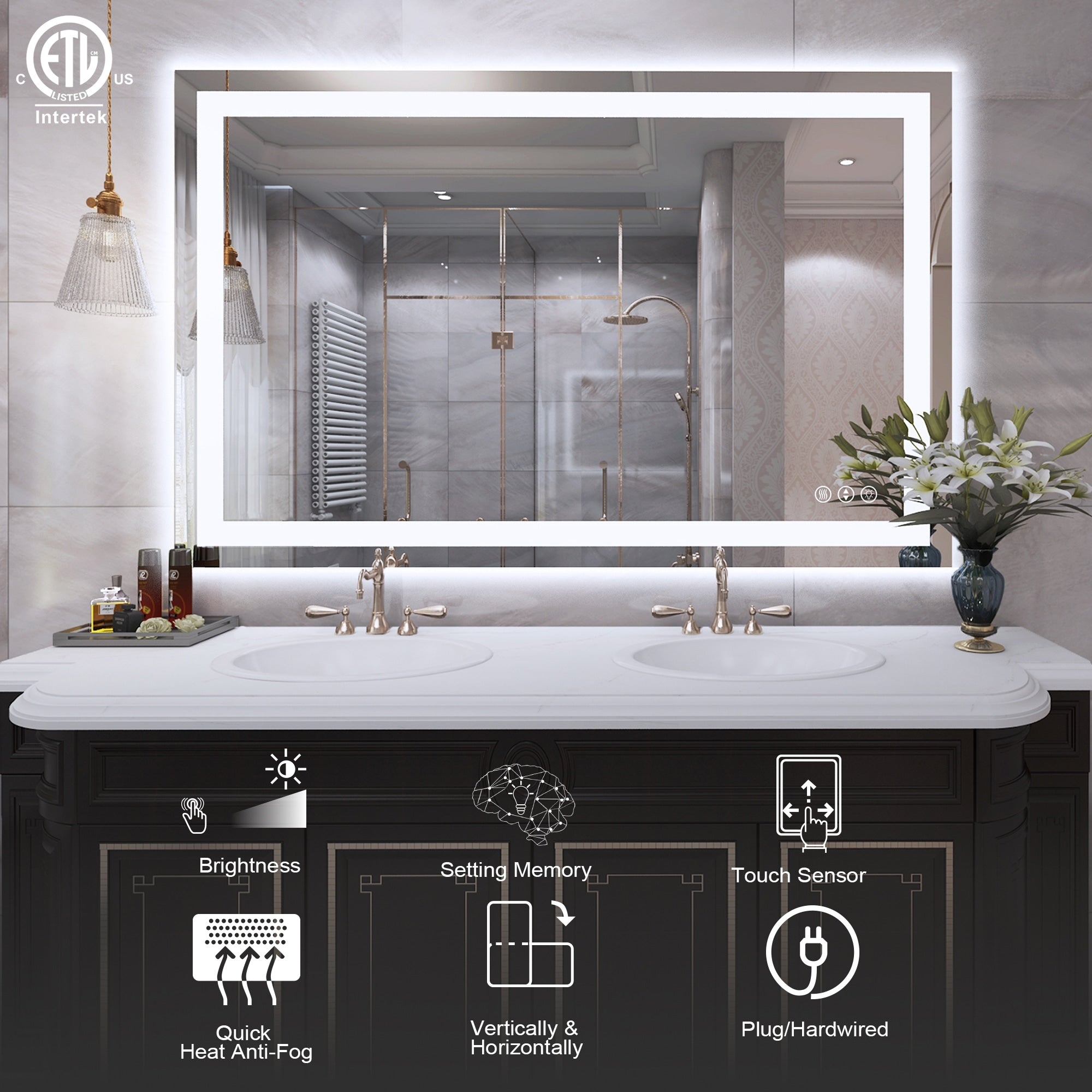 Large Rectangular Frameless Anti-Fog LED Light Wall Mounted Bathroom Vanity Mirror in White - N/A