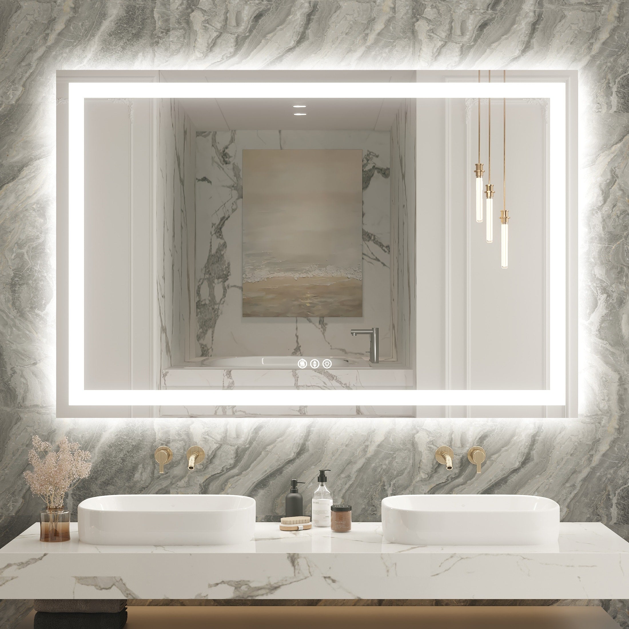 Large Rectangular Frameless Anti-Fog LED Light Wall Mounted Bathroom Vanity Mirror in White - N/A