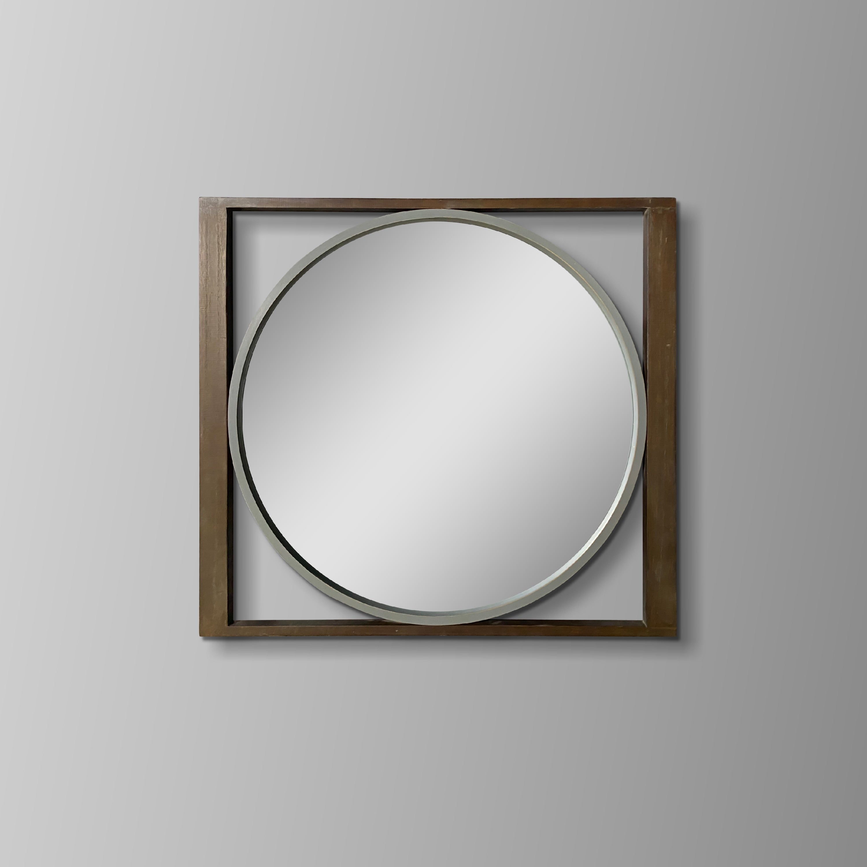 Round Wall Mirror with Rectangular Wooden Frame, Brown