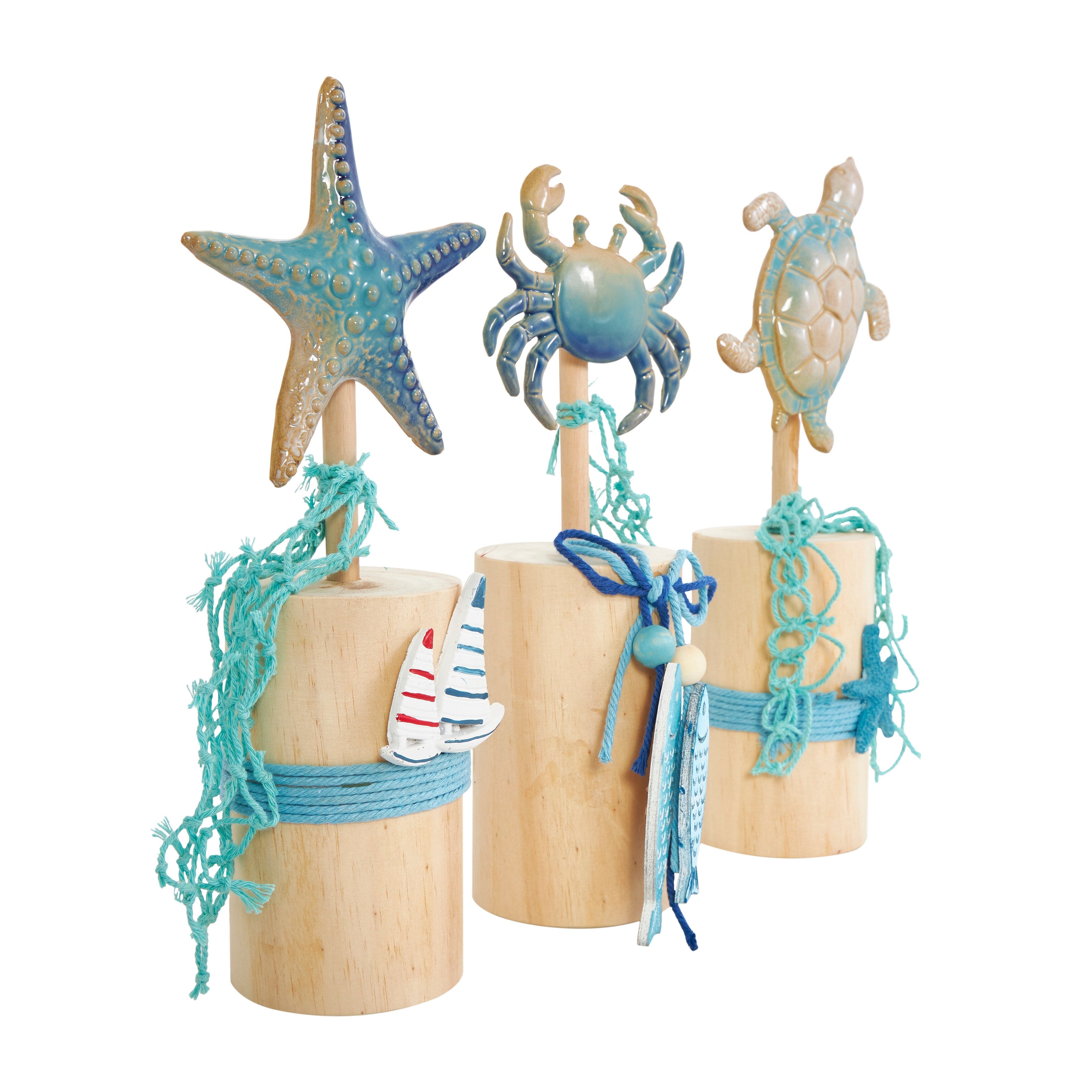 Blue Ceramic Handmade Ombre Sea Life Decorative Sculpture with Cylinder Block Bases and Netting Accents (Set of 3)