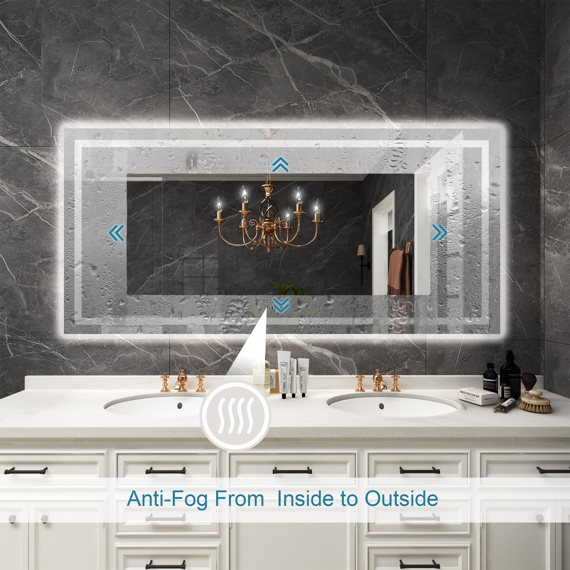 Large Rectangular Frameless Anti-Fog LED Light Wall Mounted Bathroom Vanity Mirror in White - N/A