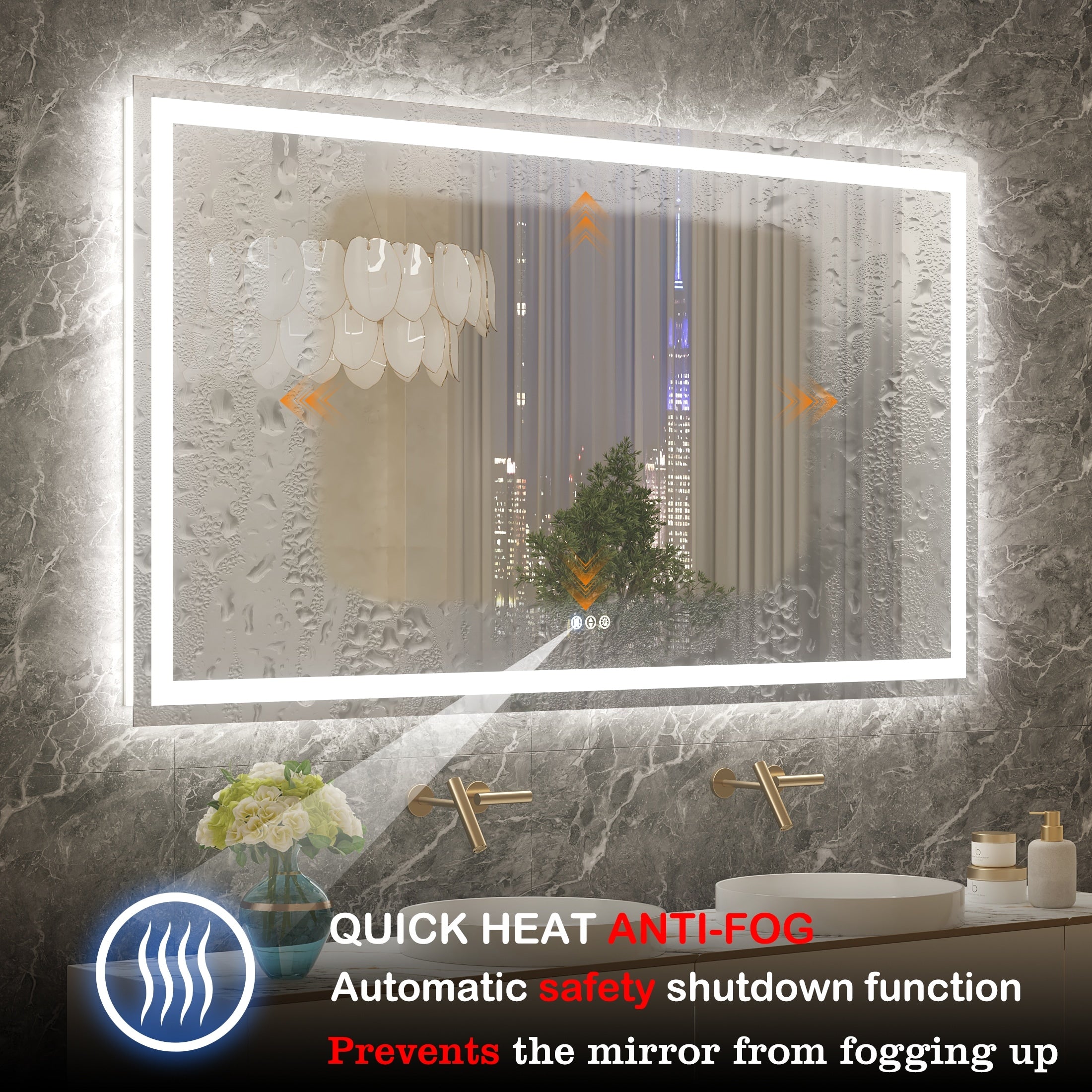 Large Rectangular Frameless Anti-Fog LED Light Wall Mounted Bathroom Vanity Mirror in White - N/A