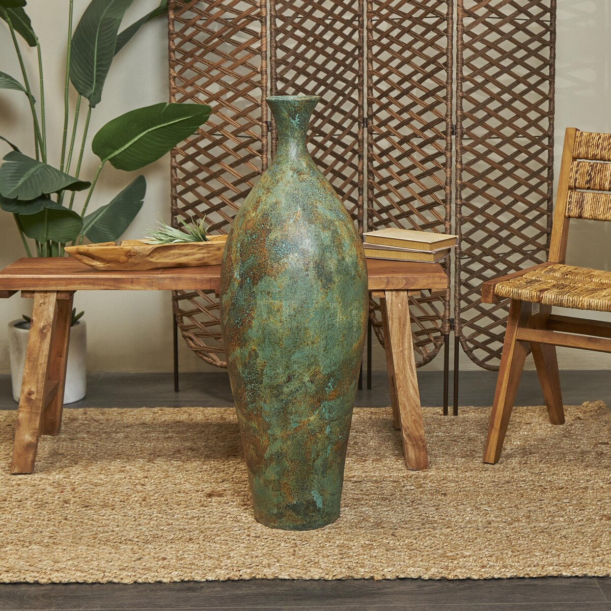 Ceramic Tall Distressed Antique Style Decorative Vase - Green - Roche River Decor