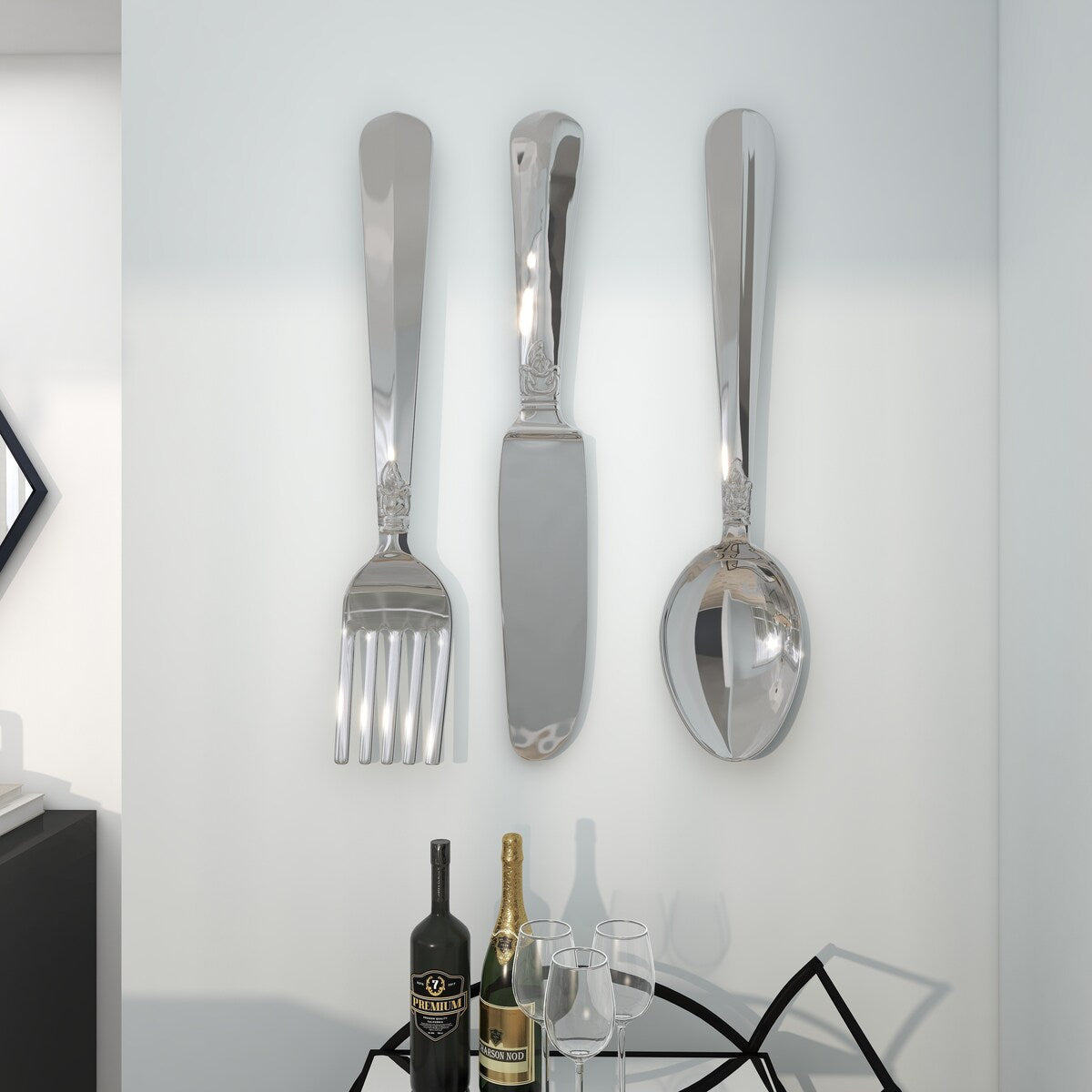 Aluminum Metal Utensils Knife, Spoon and Fork Home Wall Decor - Set of 3 Silver or Copper - Roche River Decor