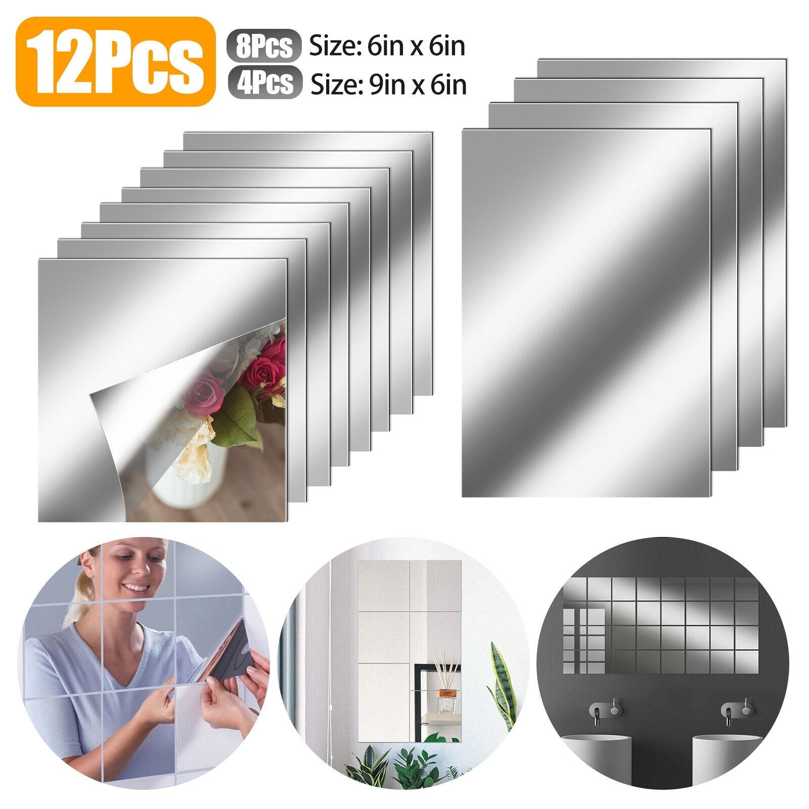 12 Pcs Self-Adhesive Mirror Sheets