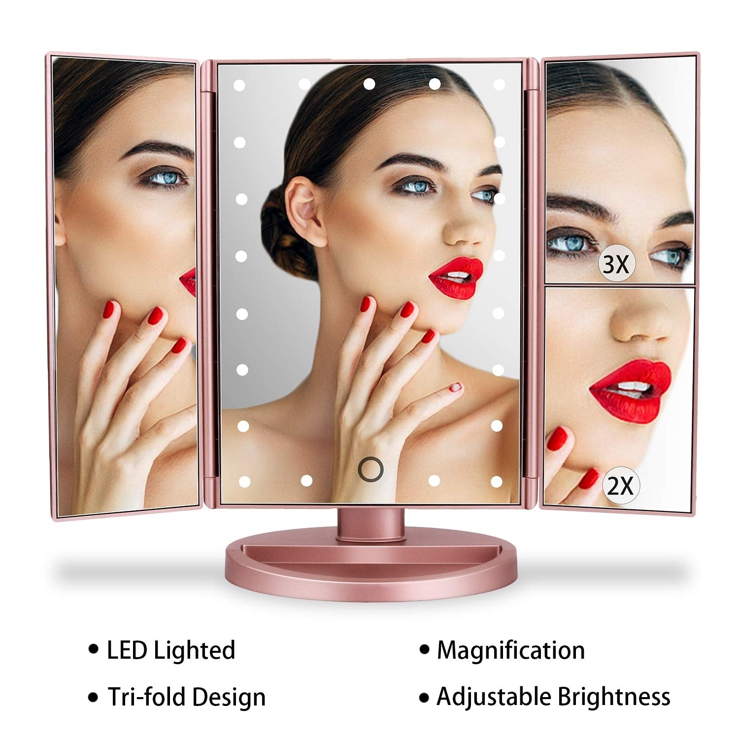 Tabletop Mount Trifold Lighted Vanity Mirror with 21 LED Lights,Two Power Supply Mode Make up Mirror