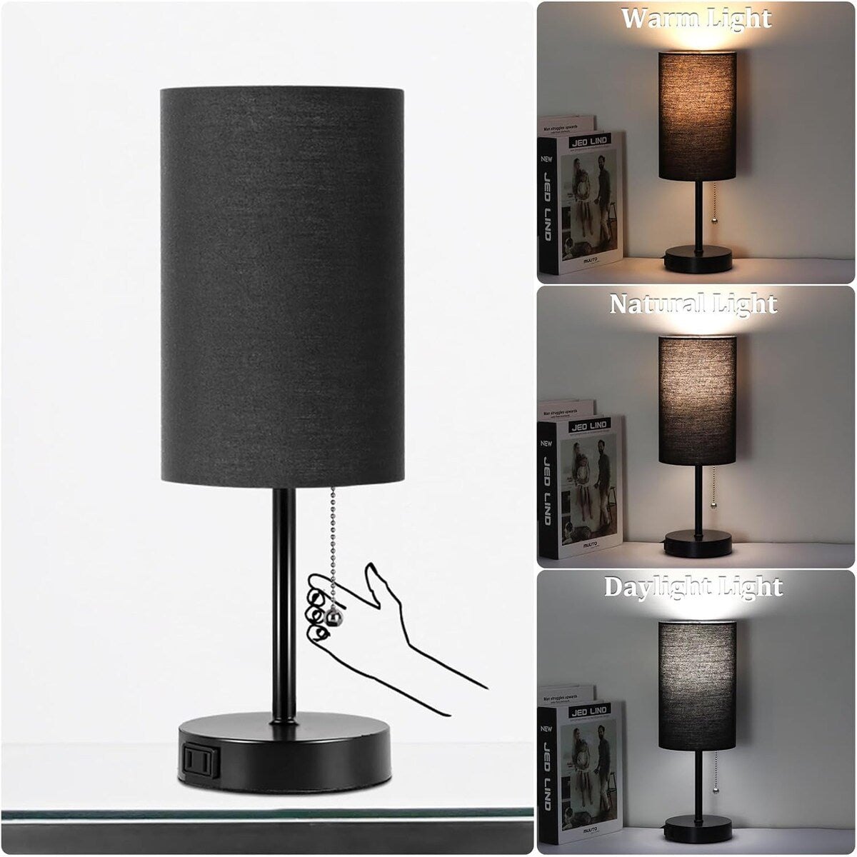 Table Lamp for Bedroom, 3-Color Bedside Lamps with Pull Chain, Bedroom Table Lamps for Nightstand, Bulb Included