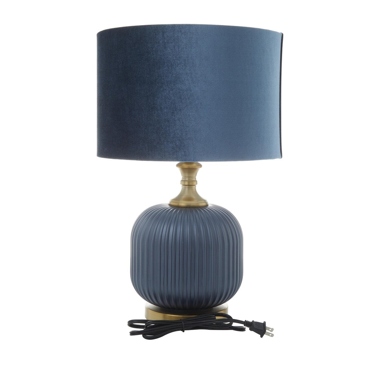 Fabric or Glass Ribbed Room Table Lamp with Velvet Shade and Gold Accents - Blue - Roche River Decor