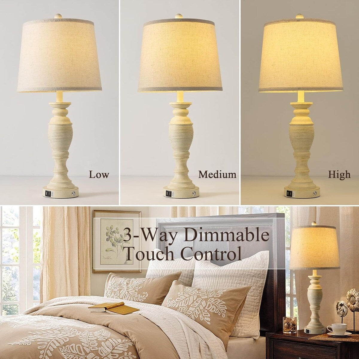 Farmhouse Table Lamps Set of 2, 3 Way Dimmable