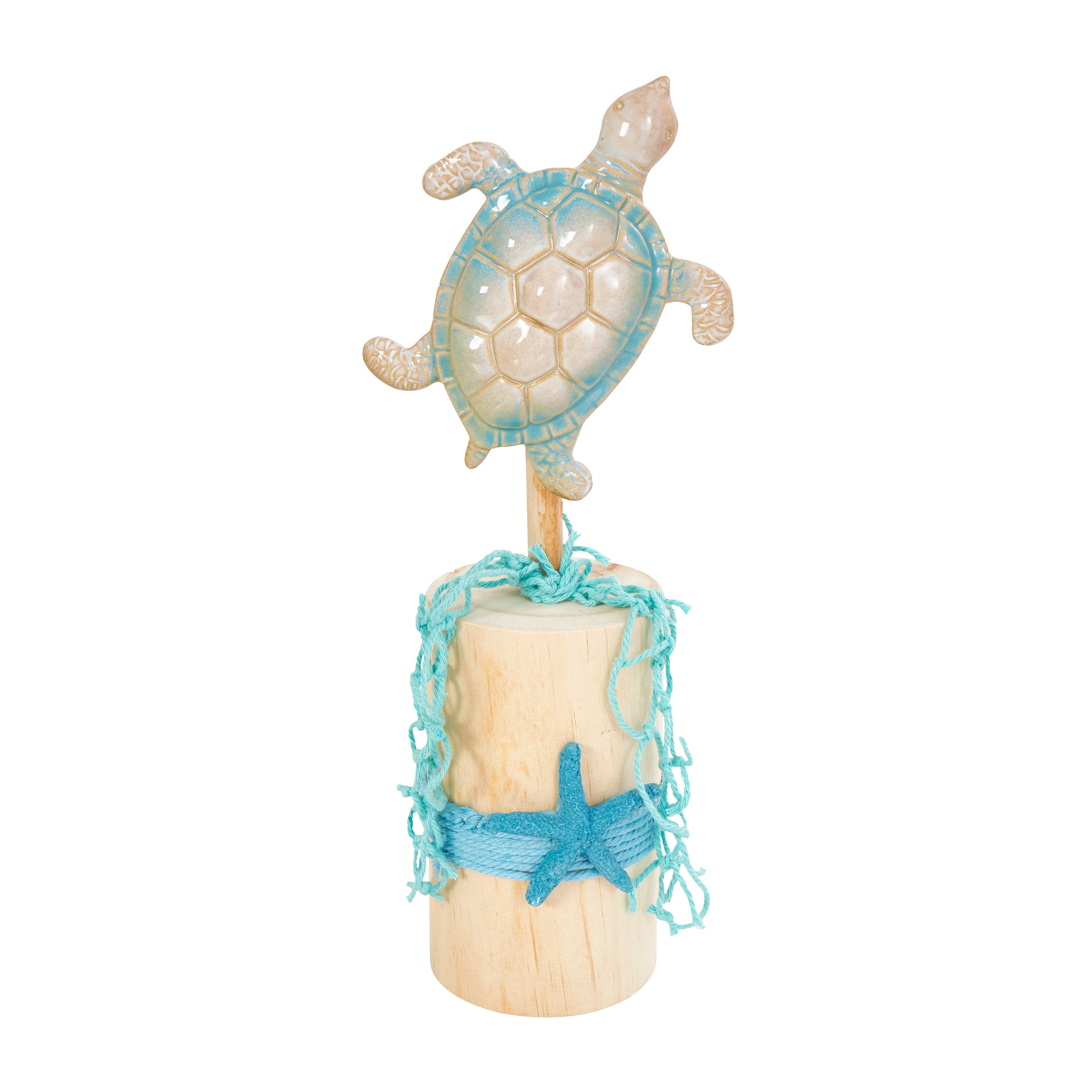 Blue Ceramic Handmade Ombre Sea Life Decorative Sculpture with Cylinder Block Bases and Netting Accents (Set of 3)