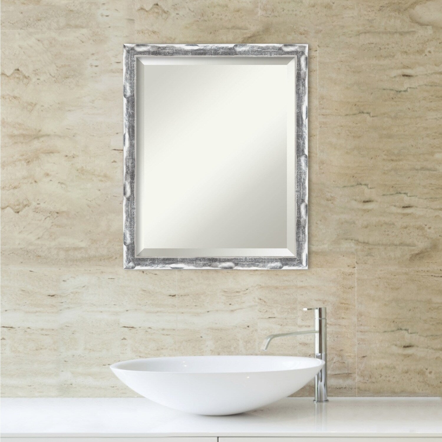 Beveled Bathroom Wall Mirror - Scratched Wave Chrome Frame - Scratched Wave Chrome