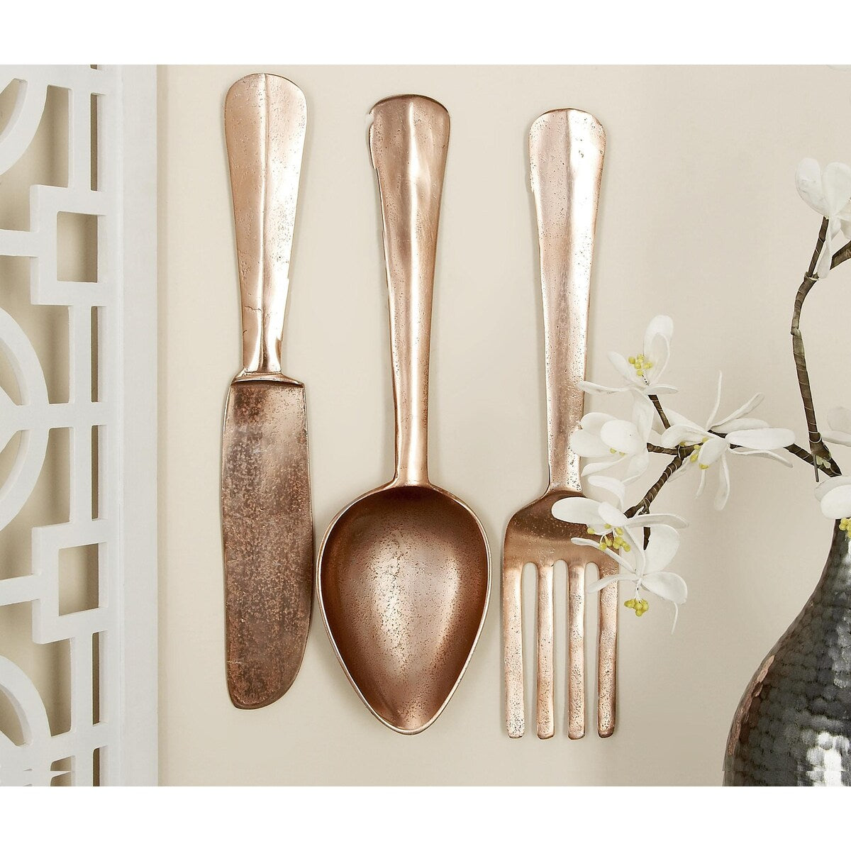 Aluminum Metal Utensils Knife, Spoon and Fork Home Wall Decor - Set of 3 Silver or Copper - Roche River Decor