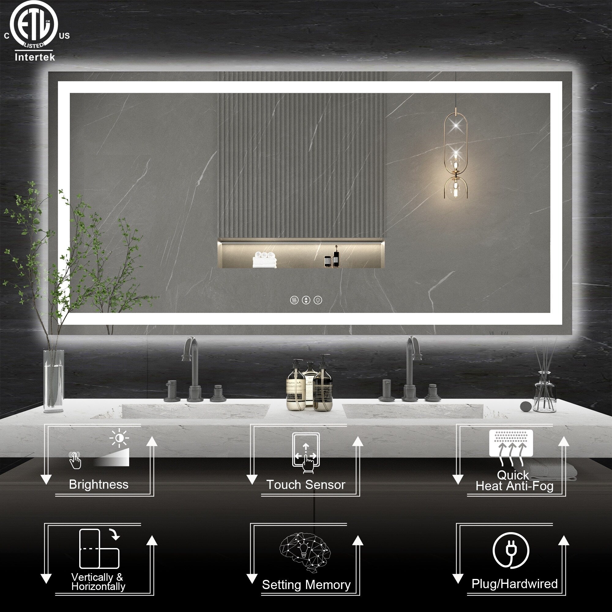 Large Rectangular Frameless Anti-Fog LED Light Wall Mounted Bathroom Vanity Mirror in White - N/A