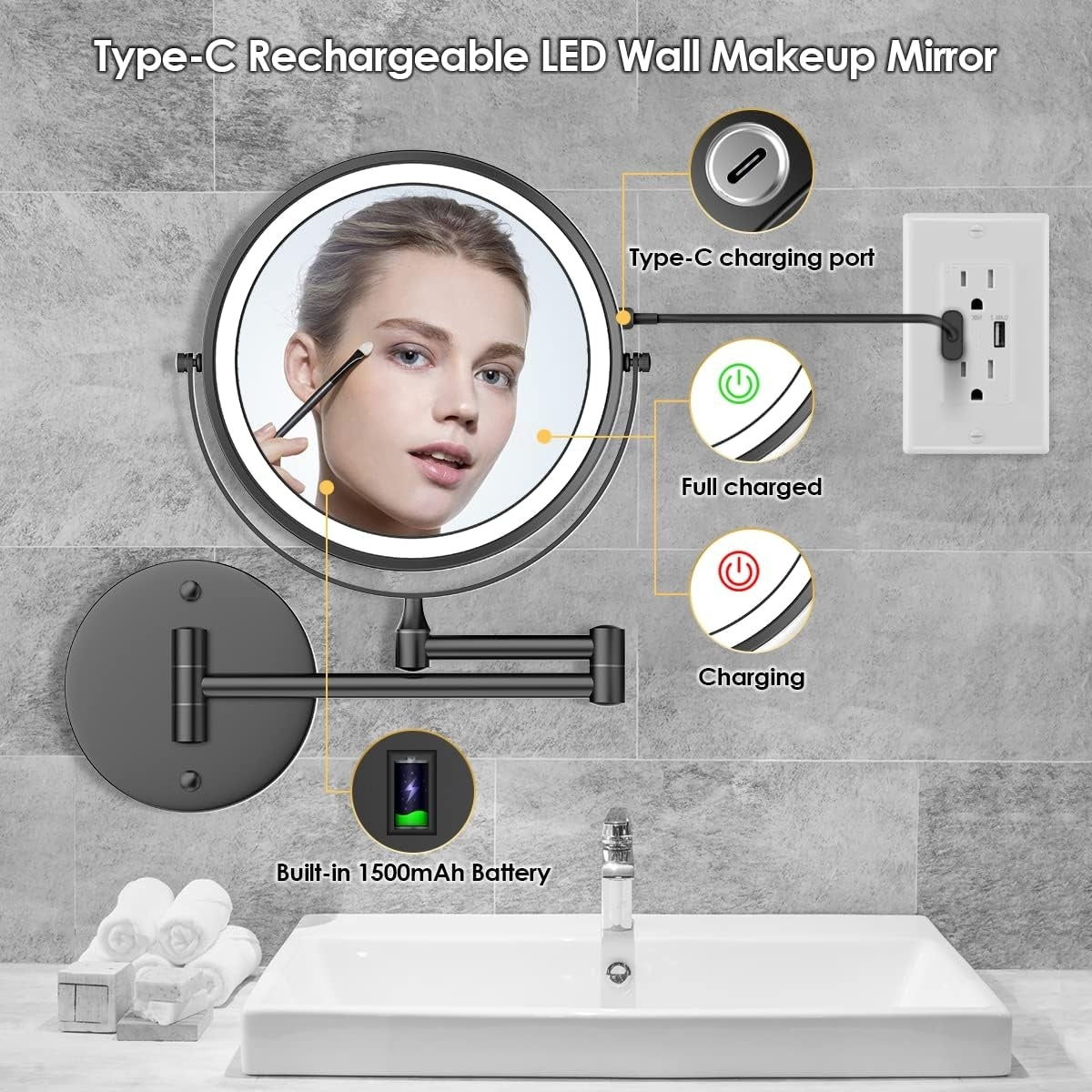 Rechargeable Wall Mounted Lighted Makeup Mirror