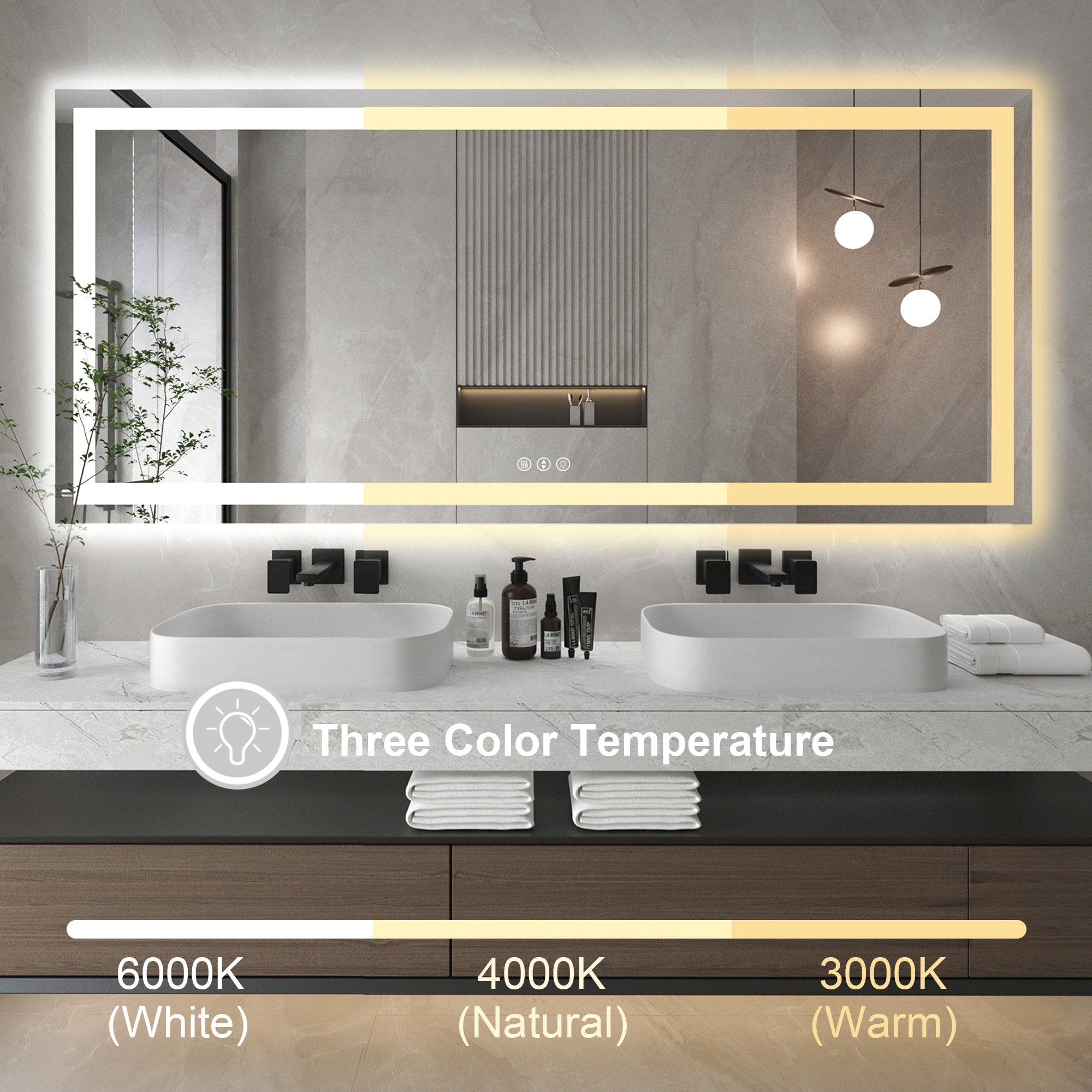 Large Rectangular Frameless Anti-Fog LED Light Wall Mounted Bathroom Vanity Mirror in White - N/A