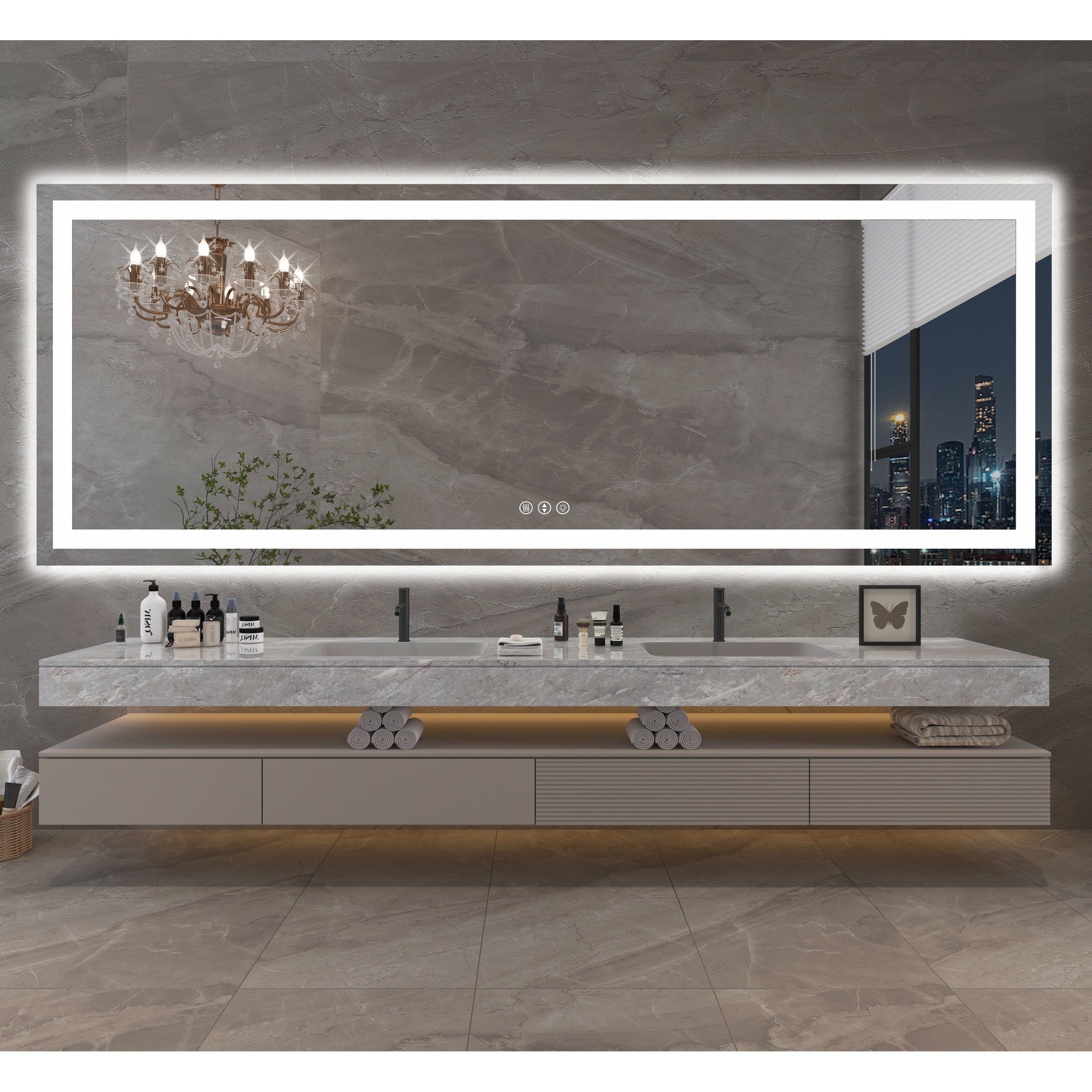 Large Rectangular Frameless Anti-Fog LED Light Wall Mounted Bathroom Vanity Mirror in White - N/A