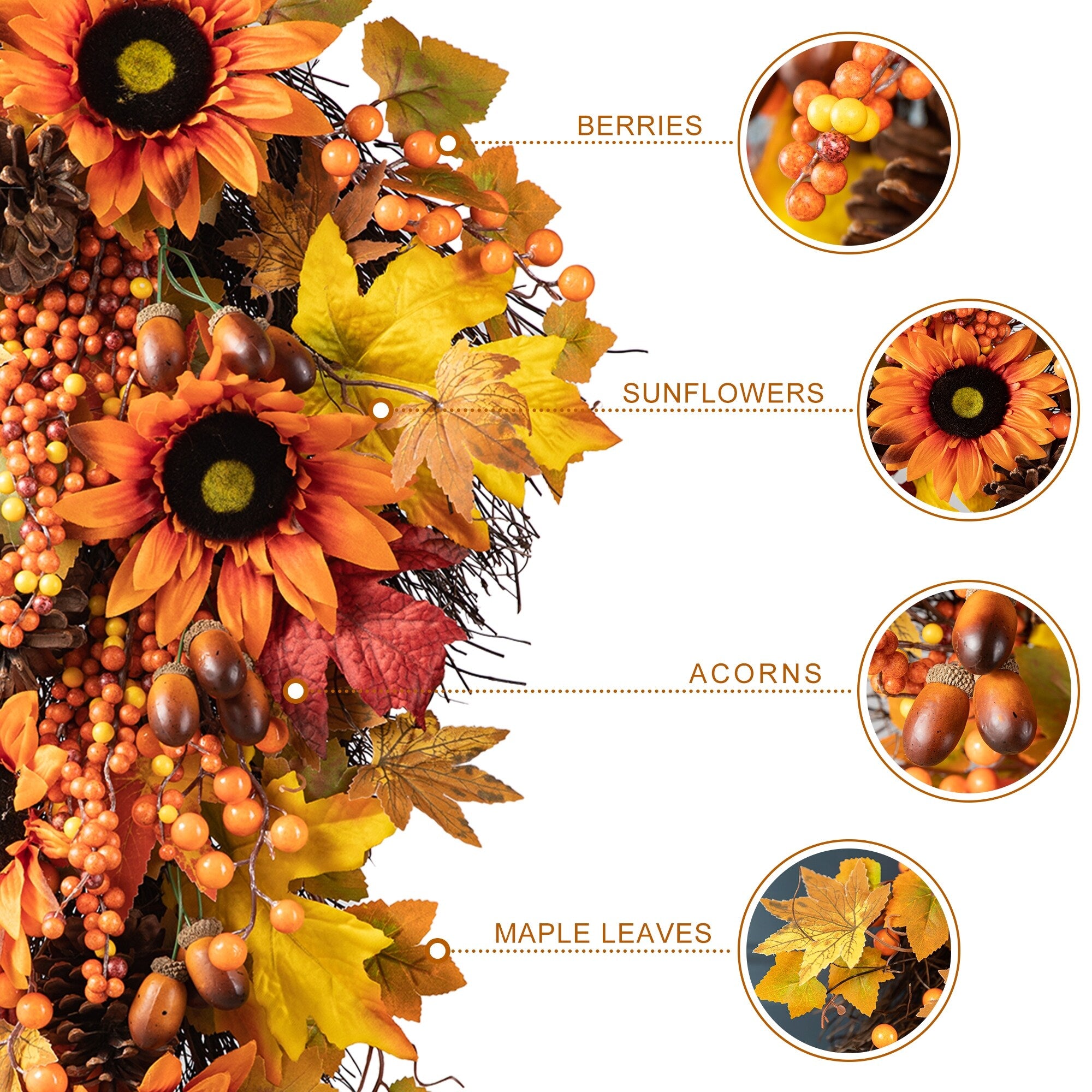 Glitzhome 26H Fall Sunflower Pumpkin Lotus Leaf Teardrop Swag for Thanksgiving