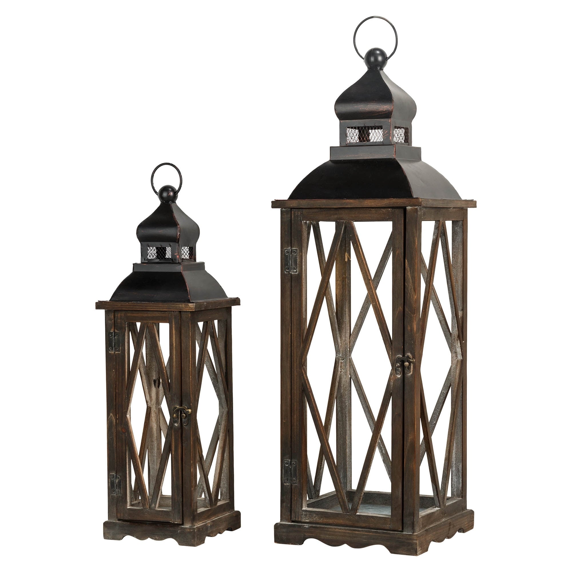 Glitzhome 2-Piece Oversize Farmhouse Wood/ Metal Hanging Candle Holders Decorative Lanterns