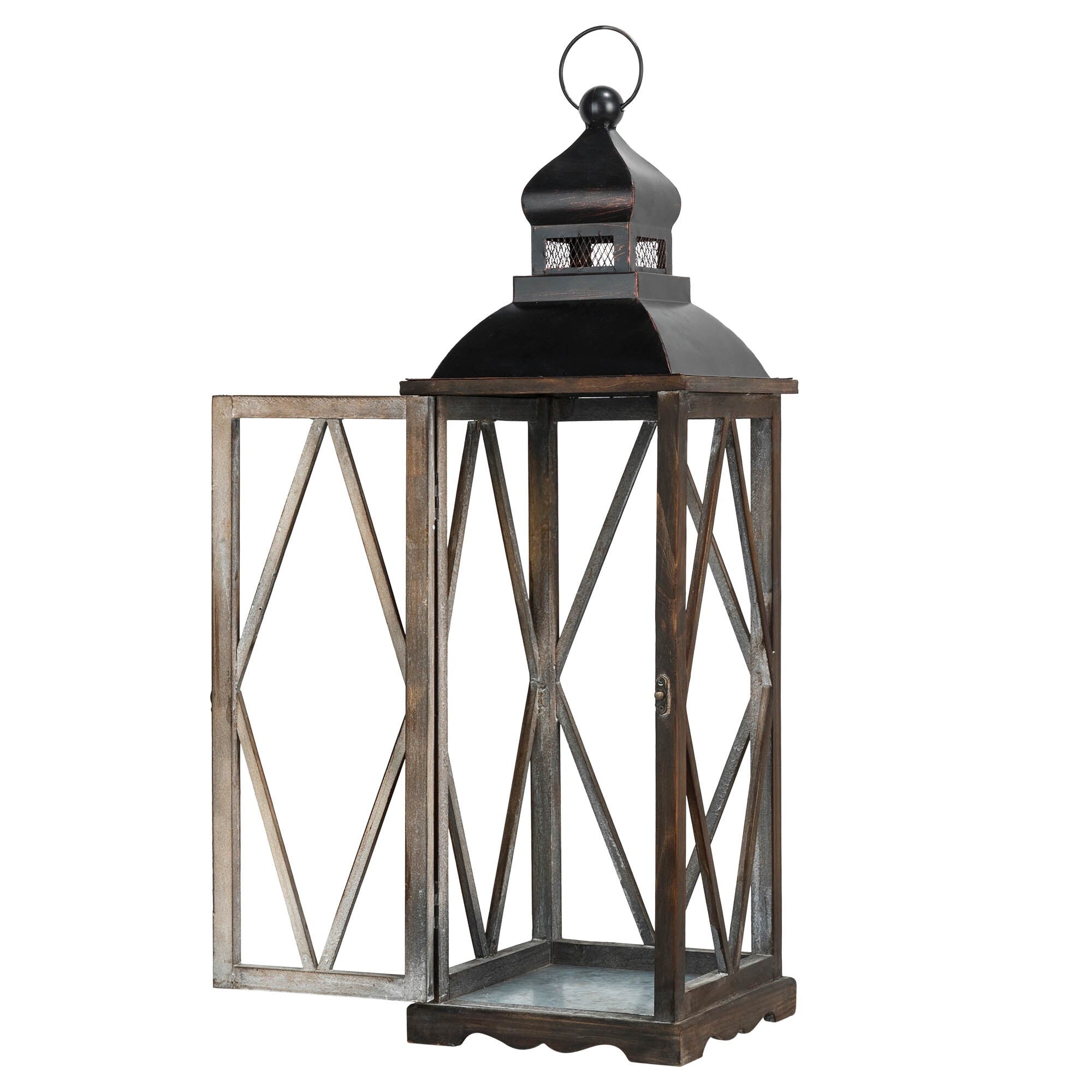 Glitzhome 2-Piece Oversize Farmhouse Wood/ Metal Hanging Candle Holders Decorative Lanterns