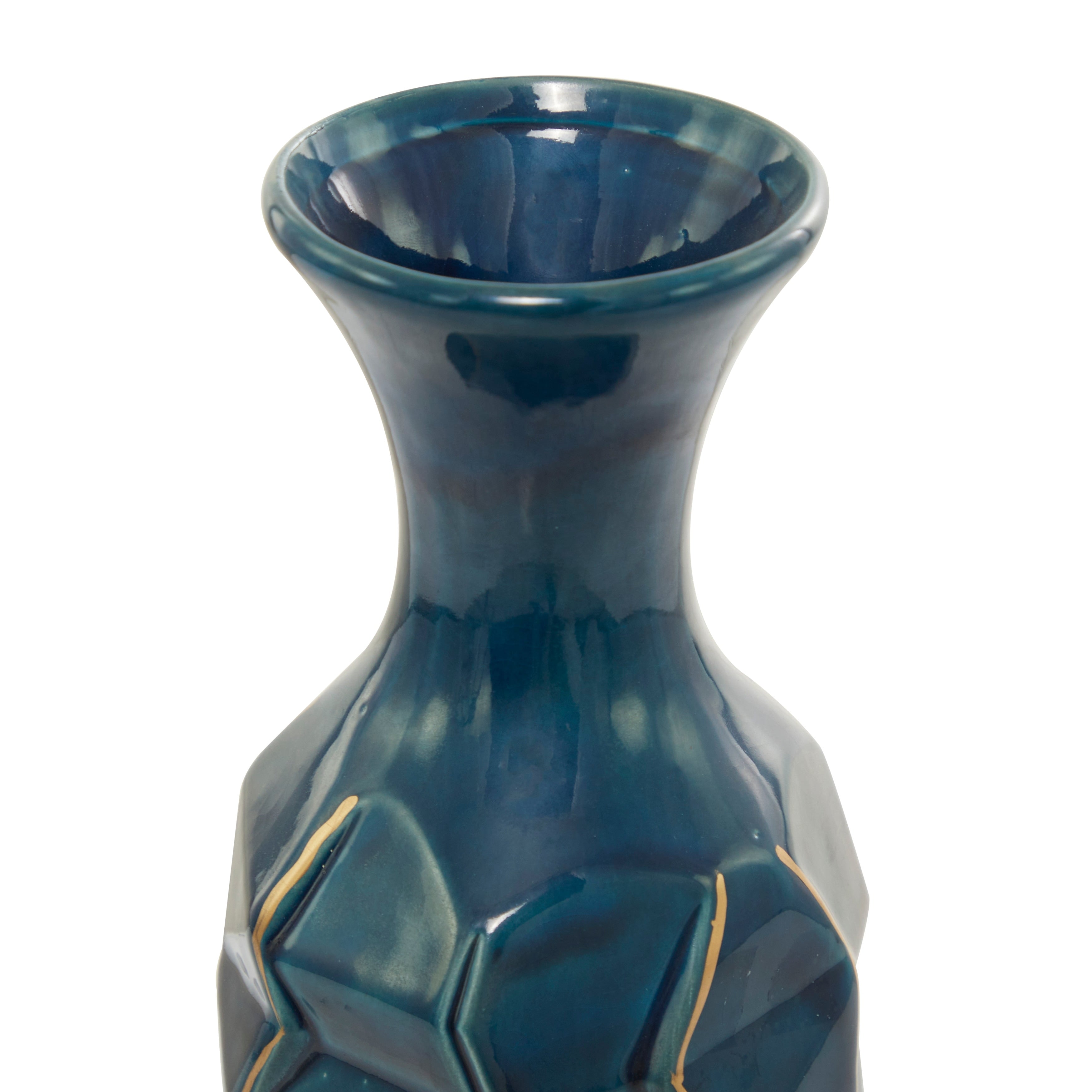 Ceramic Faceted Vase with Gold Accents - Teal - Roche River Decor