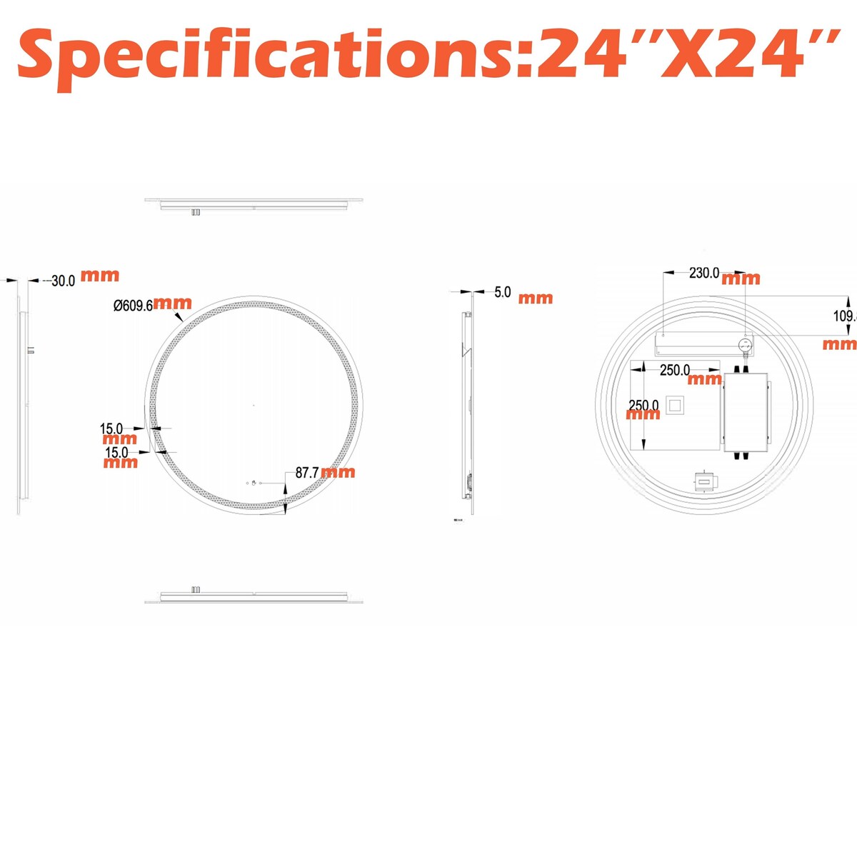 Round Smart LED Bathroom Mirror, 24''/30''/36'' Lighted Wall Mounted Vanity Mirror, Anti-fog, Frameless,Three Color, Dimmable