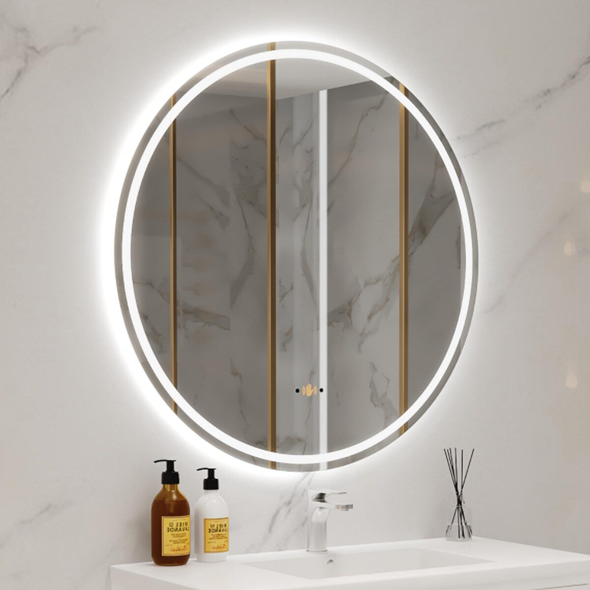 Round Smart LED Bathroom Mirror, 24''/30''/36'' Lighted Wall Mounted Vanity Mirror, Anti-fog, Frameless,Three Color, Dimmable