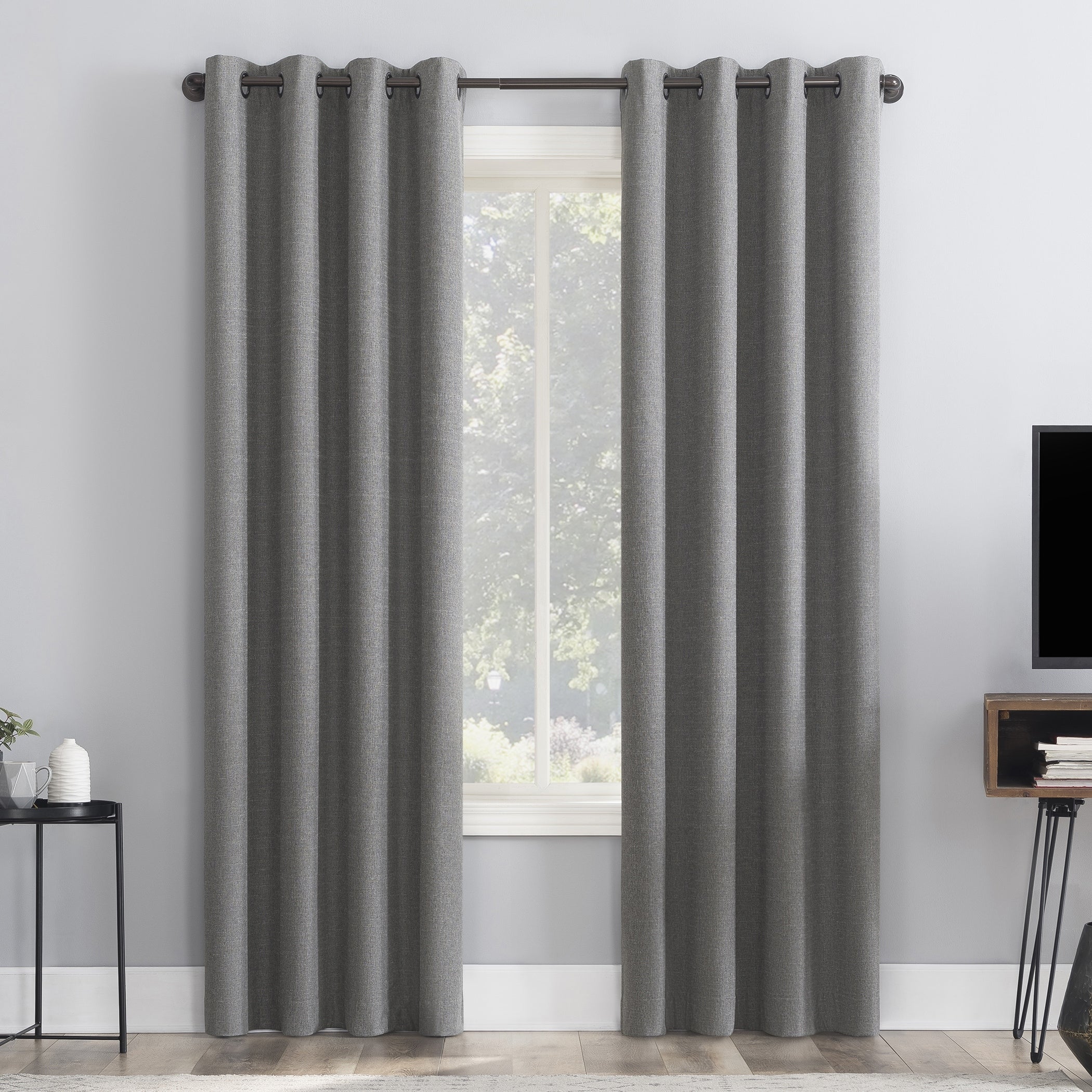 Sun Zero Channing Grid Texture Draft Shield Fleece Insulated Total Blackout Grommet Curtain Panel, Single Panel