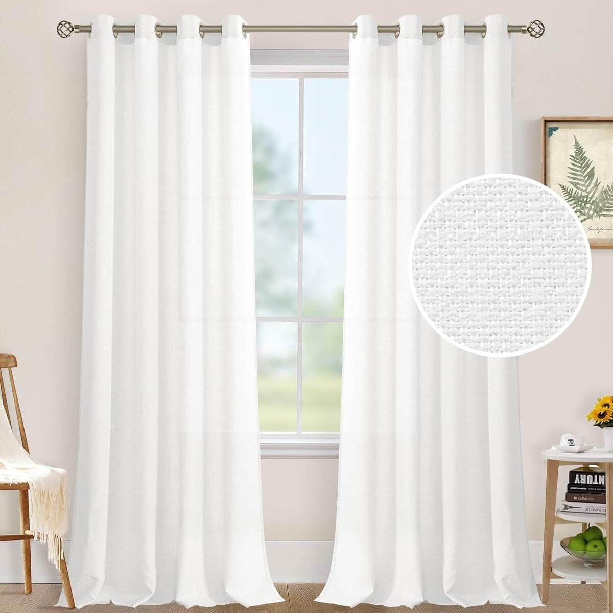 Natural Linen Curtains for Living Room, Faux Linen Textured Privacy Drapes Grommet Boho Panels, Set of 2 Panels