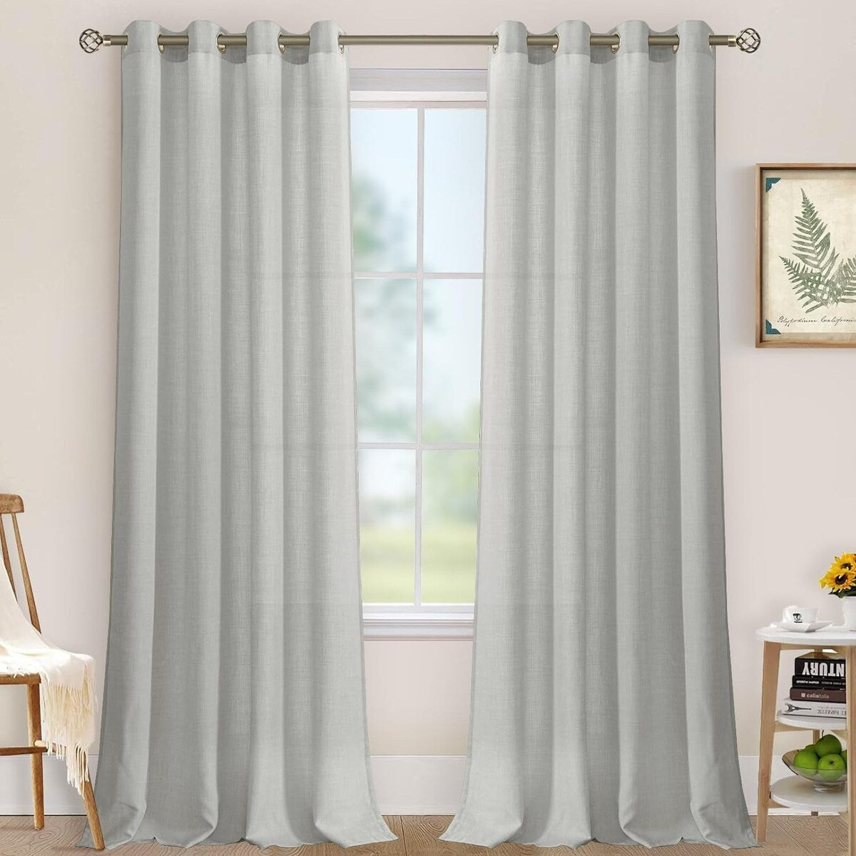 Natural Linen Curtains for Living Room, Faux Linen Textured Privacy Drapes Grommet Boho Panels, Set of 2 Panels