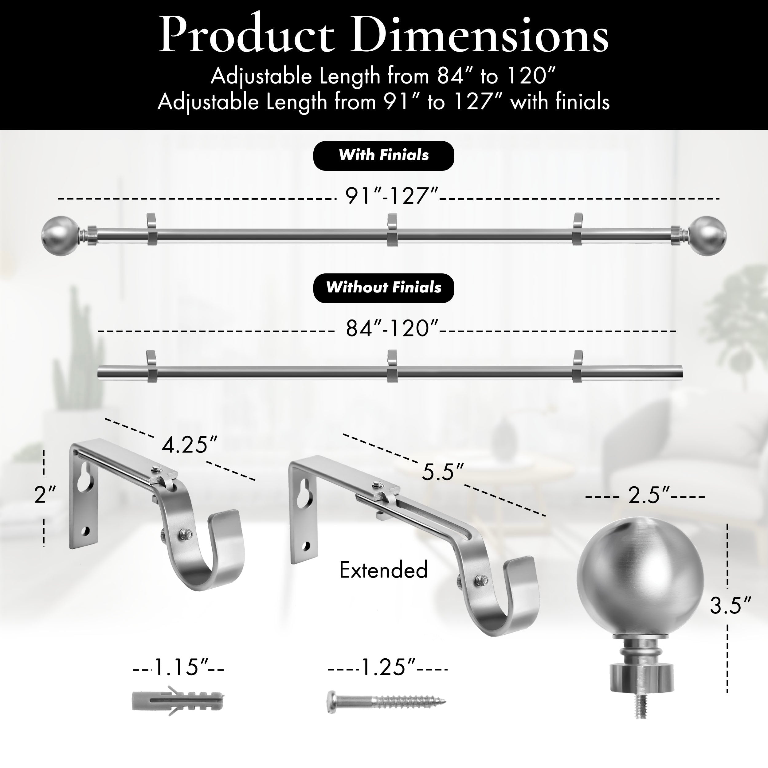 Meriville 1-Inch Diameter Ball Single Window Curtain Rod