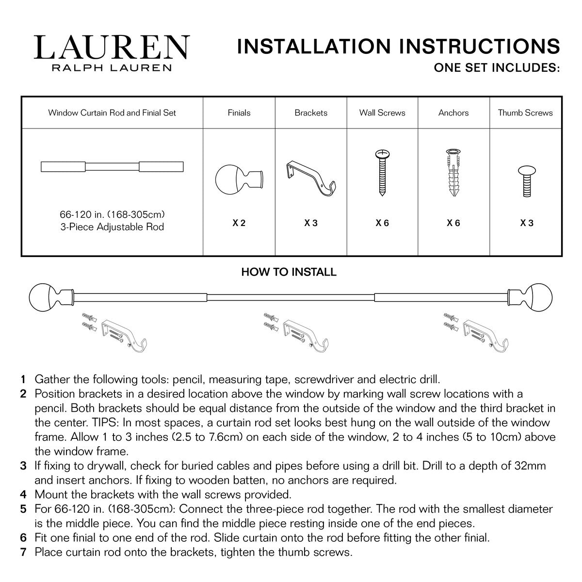 Lauren Ralph Lauren Markel 1 Adjustable Window Curtain Rod and Finial Set