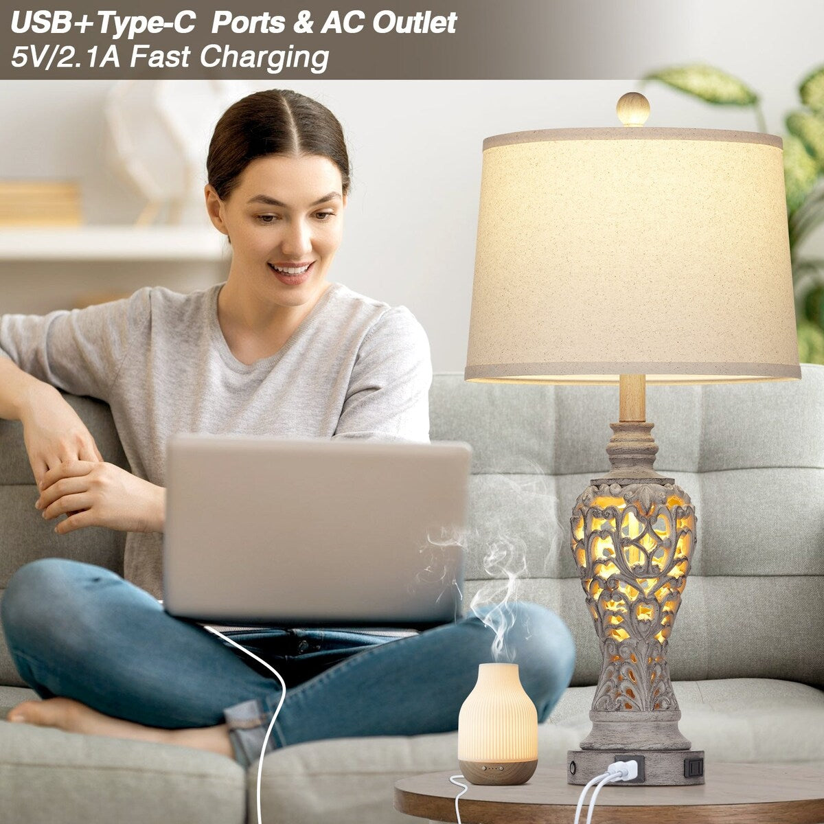 Resin Nightlight Table Lamp 2in1 with USB Charging Port & Type-C Charging Port & AC Outlet 2 Independent Switches (Set of 2)