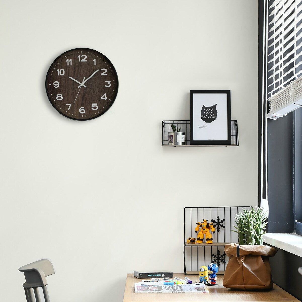 Decorative Modern Round Wood- Looking Plastic Wall Clock for Living Room, Kitchen, or Dining Room