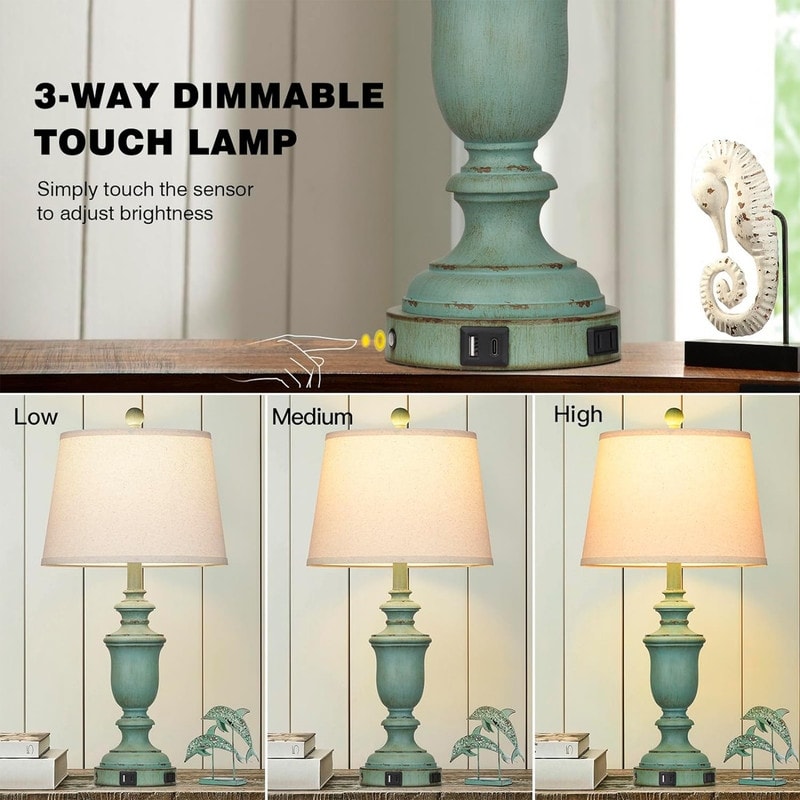 Rustic Table Lamp (Set of 2), 3-Way Dimmable Touch Lamp - 12.5D x 12.5W x 25.6H