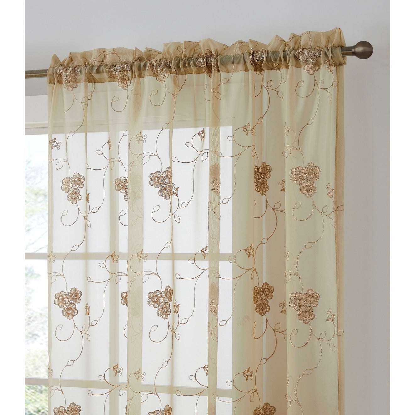 HLC.me Allegra Floral Vine Embroidered Sheer Light Filtering Window Curtain Drapery Rod Pocket Top Panels, Set of 2