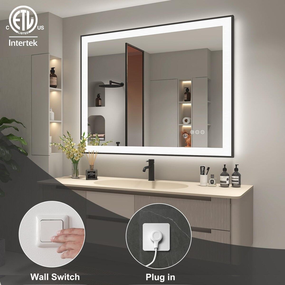 KIOTEE Black Frame LED Mirrors for Bathroom Wall Large Lighted Vanity Mirrors