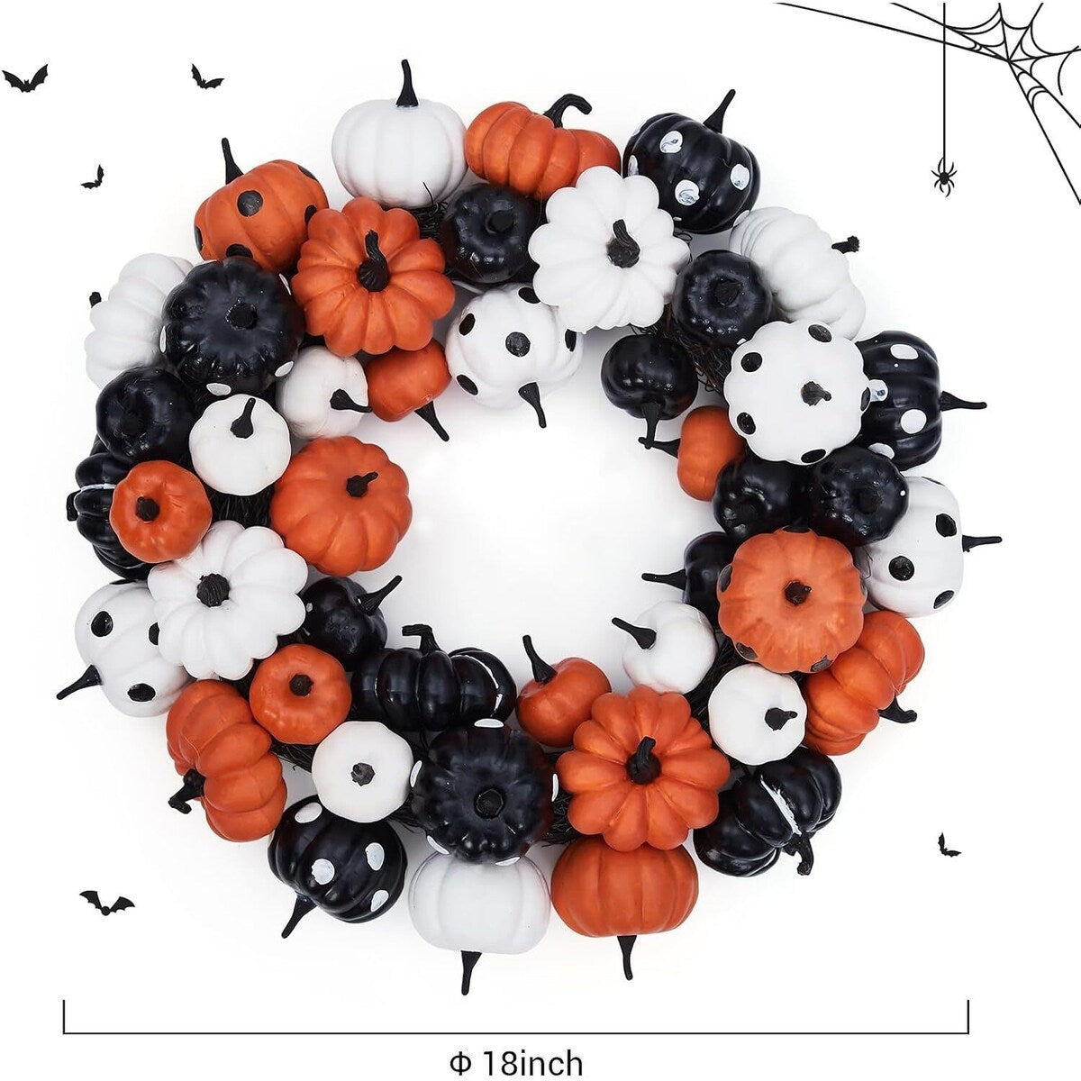 18 Inch Halloween Fall Wreath, Black Orange White Pumpkin