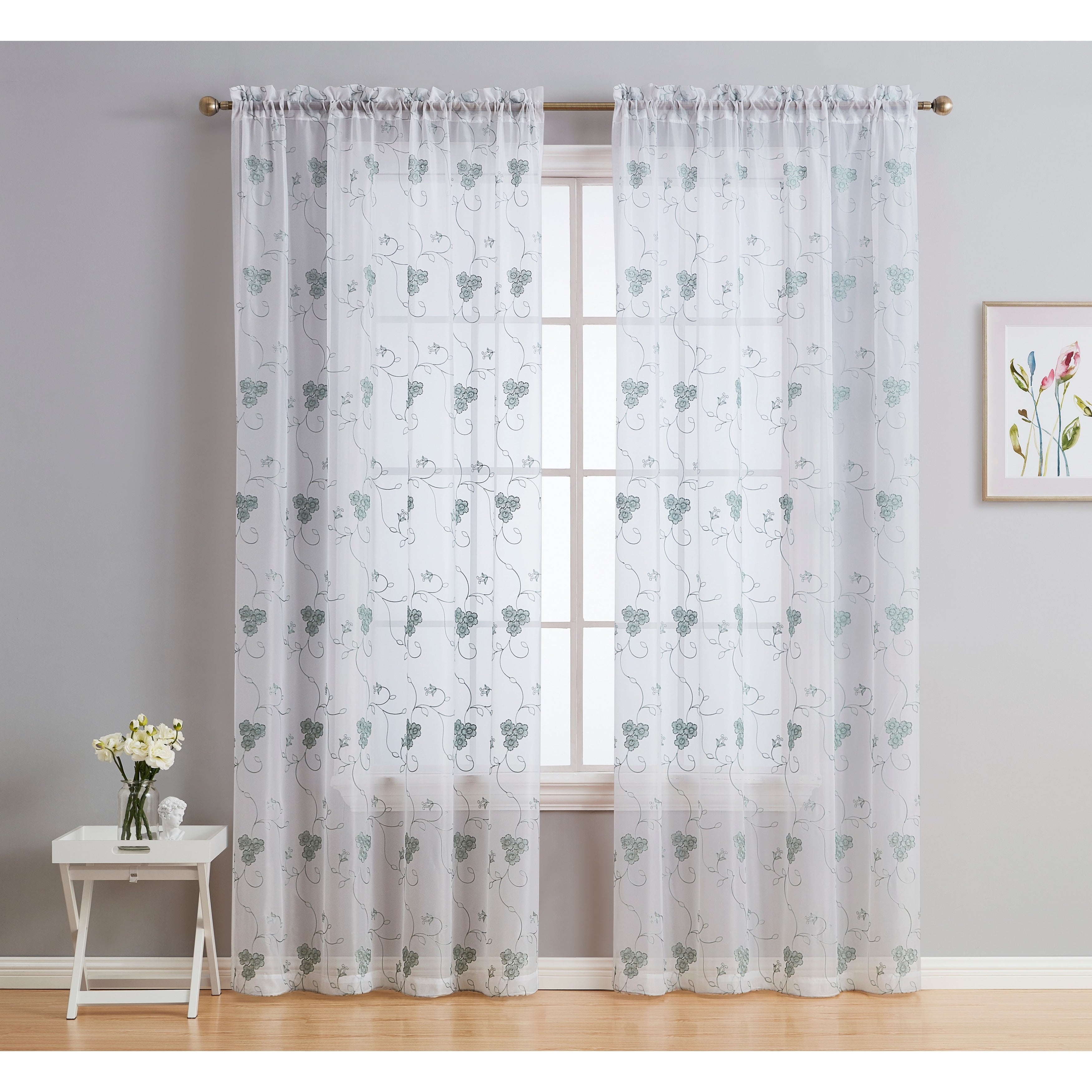 HLC.me Allegra Floral Vine Embroidered Sheer Light Filtering Window Curtain Drapery Rod Pocket Top Panels, Set of 2