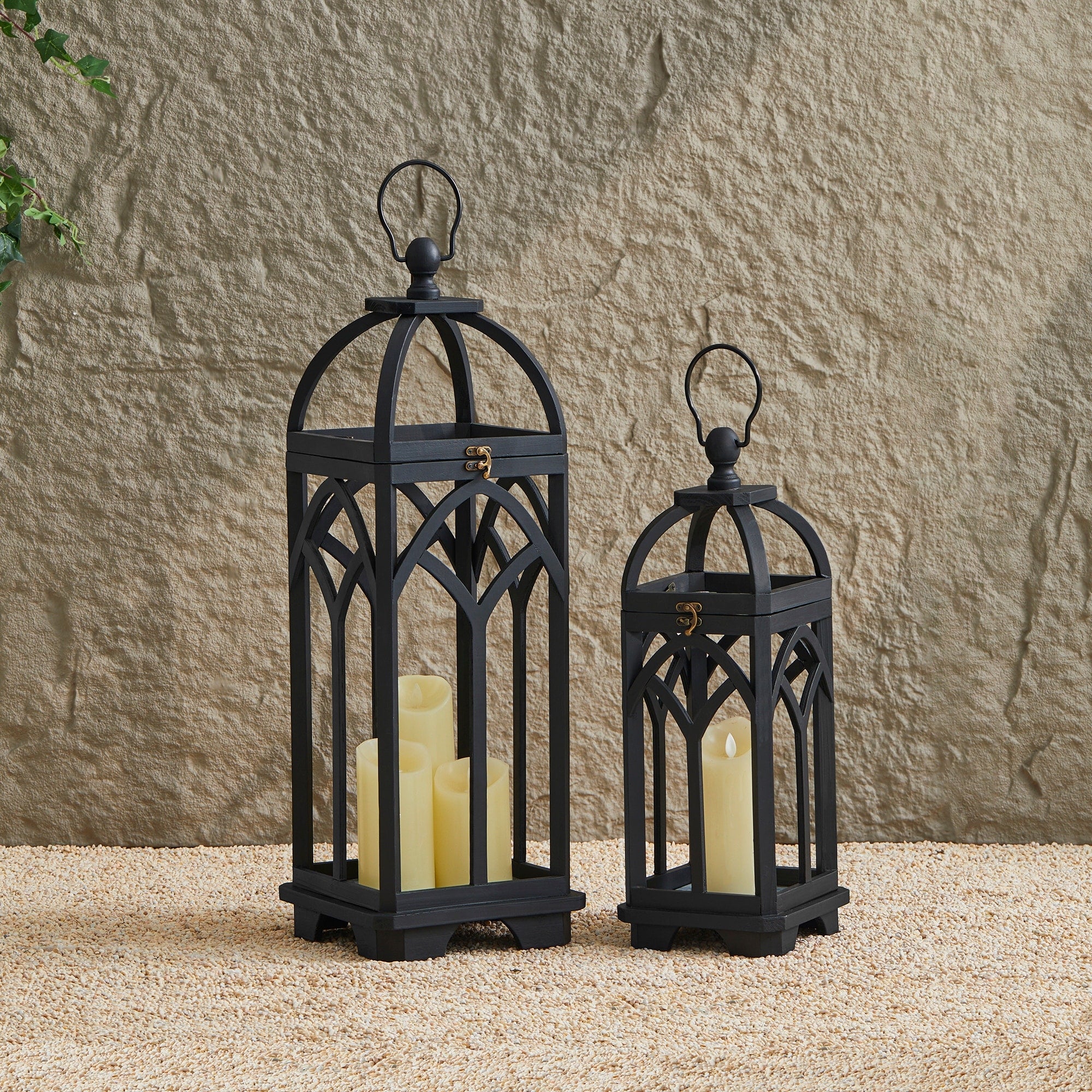 Glitzhome Set of 2 Wooden Church Style Fall Decorative Lanterns Candle Holders