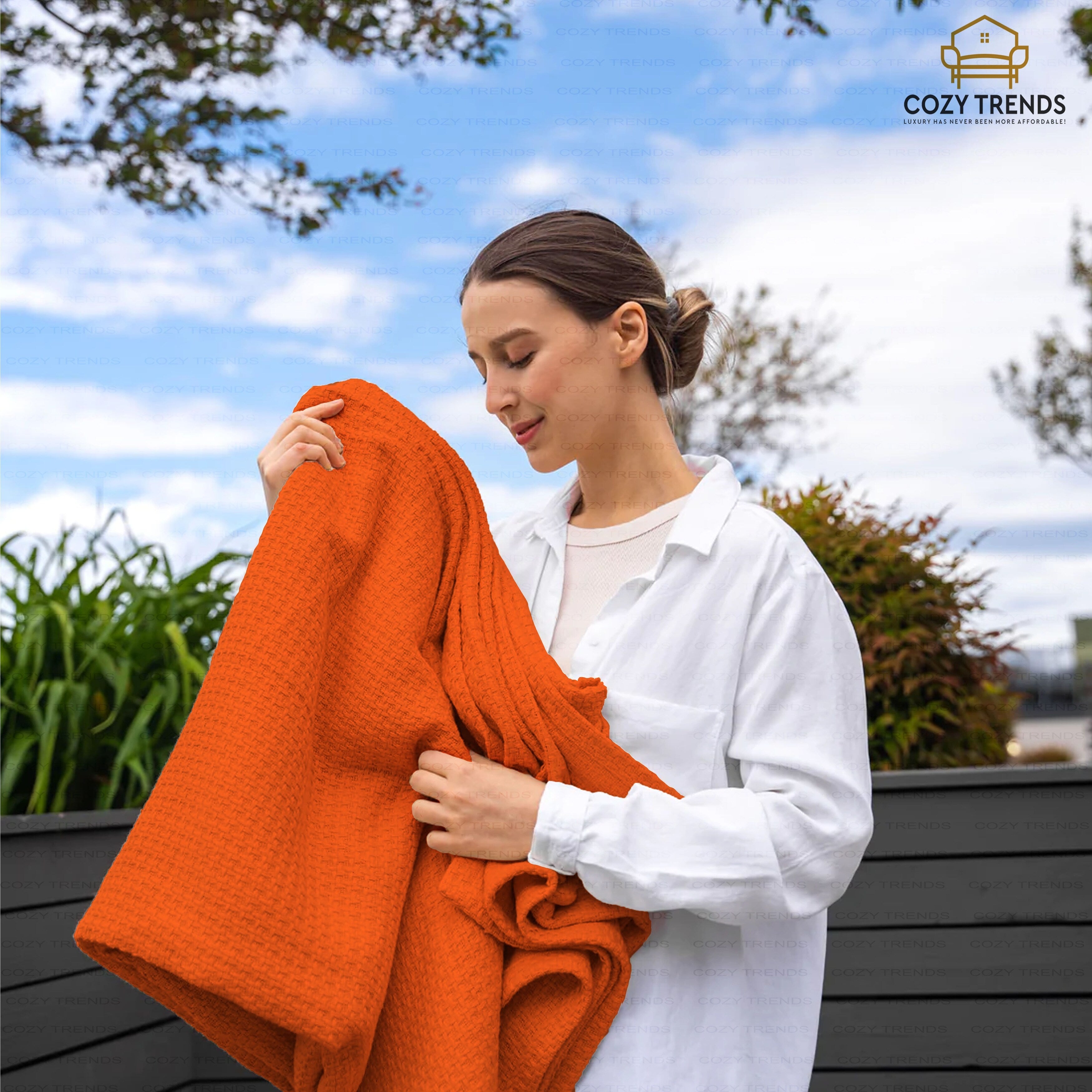 100% Cotton Basket Weave Thermal Bed Blanket Breathable Soft Layering All Season Medium Weight