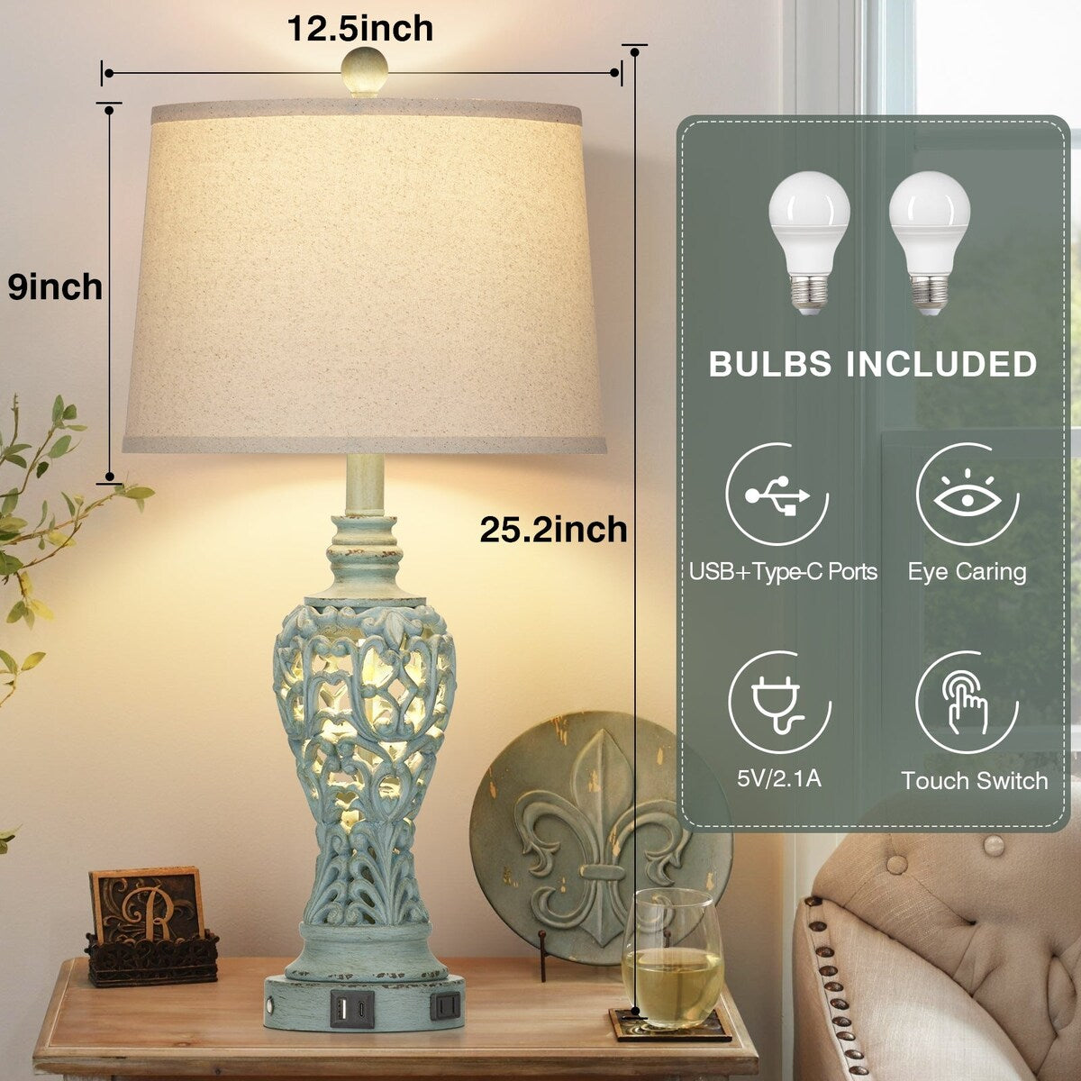 Resin Nightlight Table Lamp 2in1 with USB Charging Port & Type-C Charging Port & AC Outlet 2 Independent Switches (Set of 2)