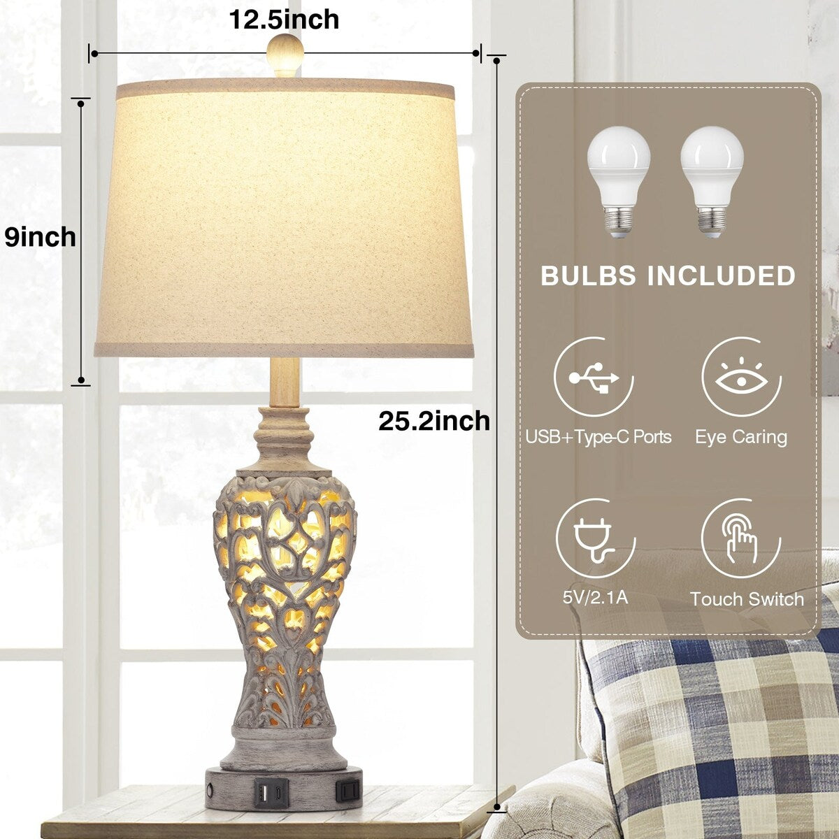 Resin Nightlight Table Lamp 2in1 with USB Charging Port & Type-C Charging Port & AC Outlet 2 Independent Switches (Set of 2)