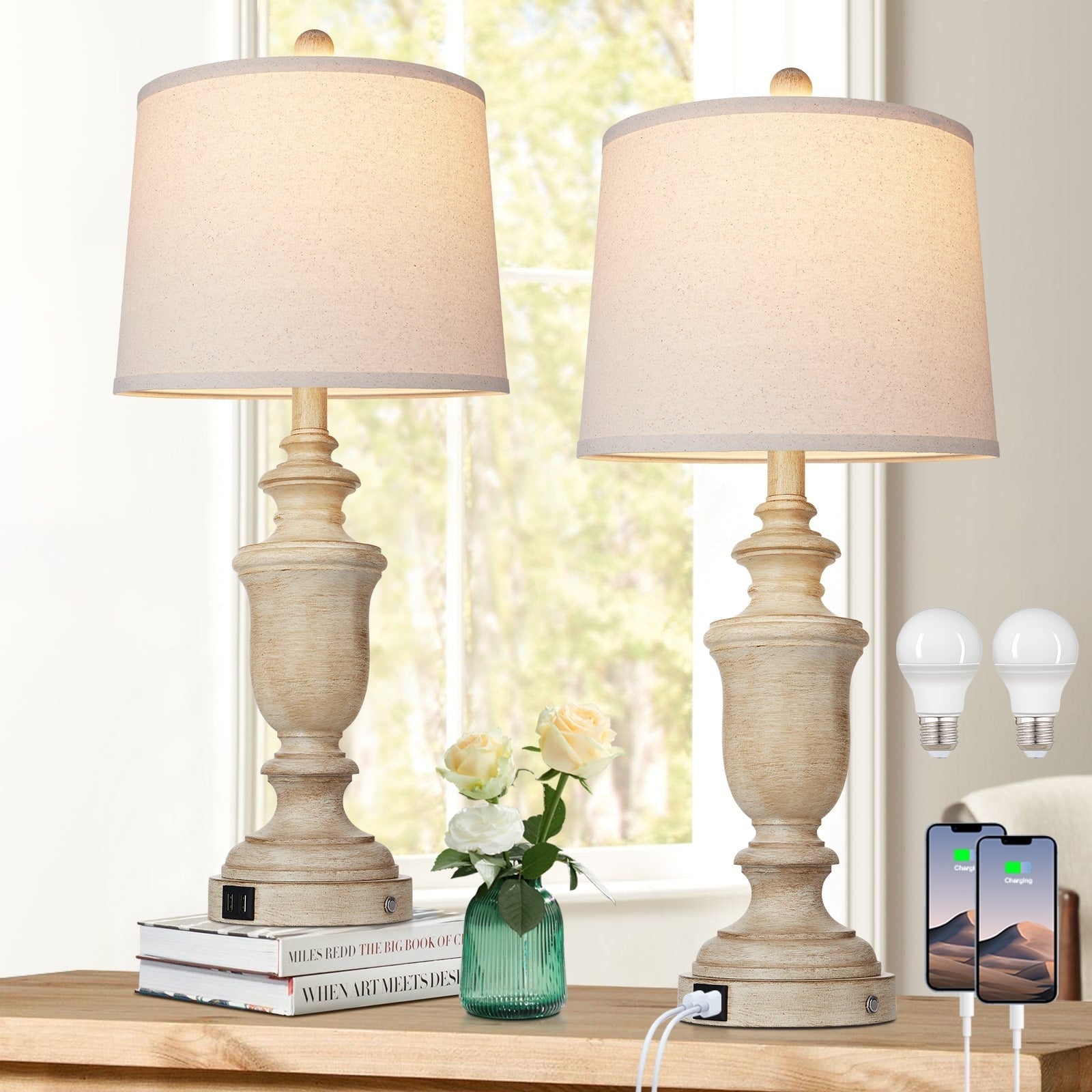 Beige Resin Table Lamps USB and Type-C Ports 3-Way Touch Switch (Set of 2) - 12.5'' x 12.5'' x 25.6'' (L x W x H)