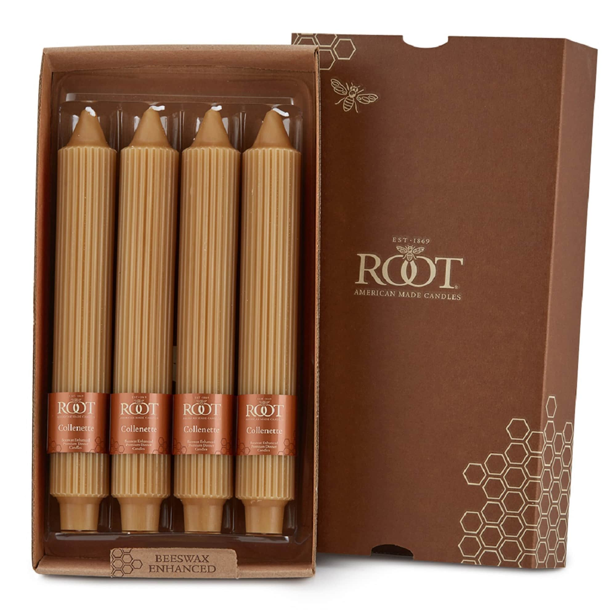 Root Unscented Grecian Collenette Taper Candles box of 4