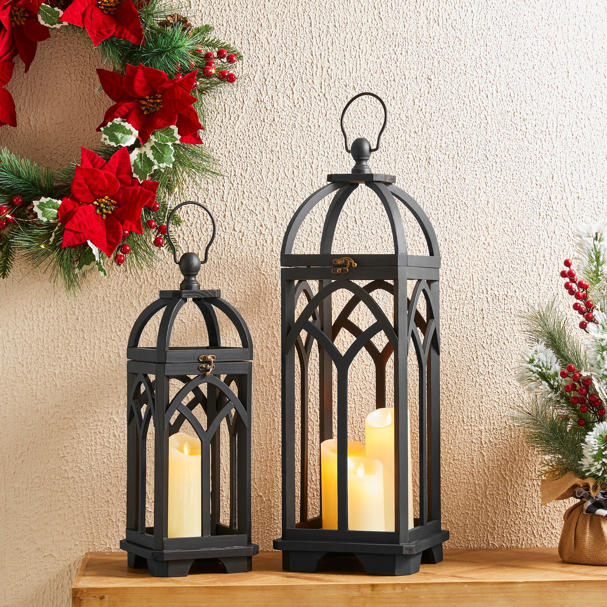 Glitzhome Set of 2 Wooden Church Style Fall Decorative Lanterns Candle Holders