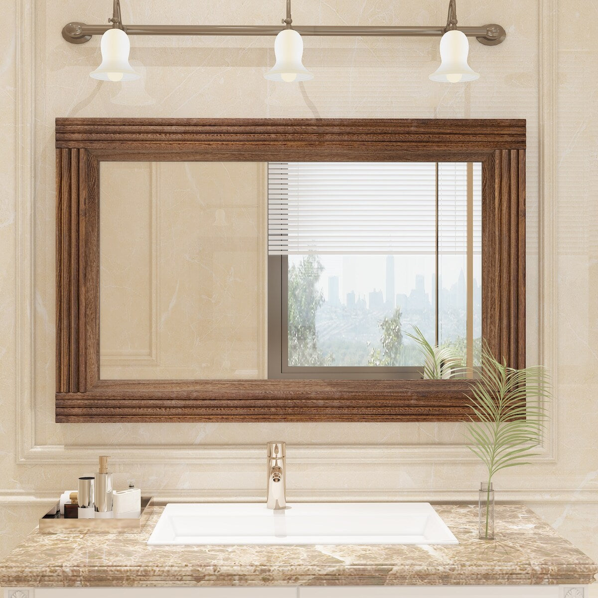 Solid Wood Frame Flat Bathroom Mirror